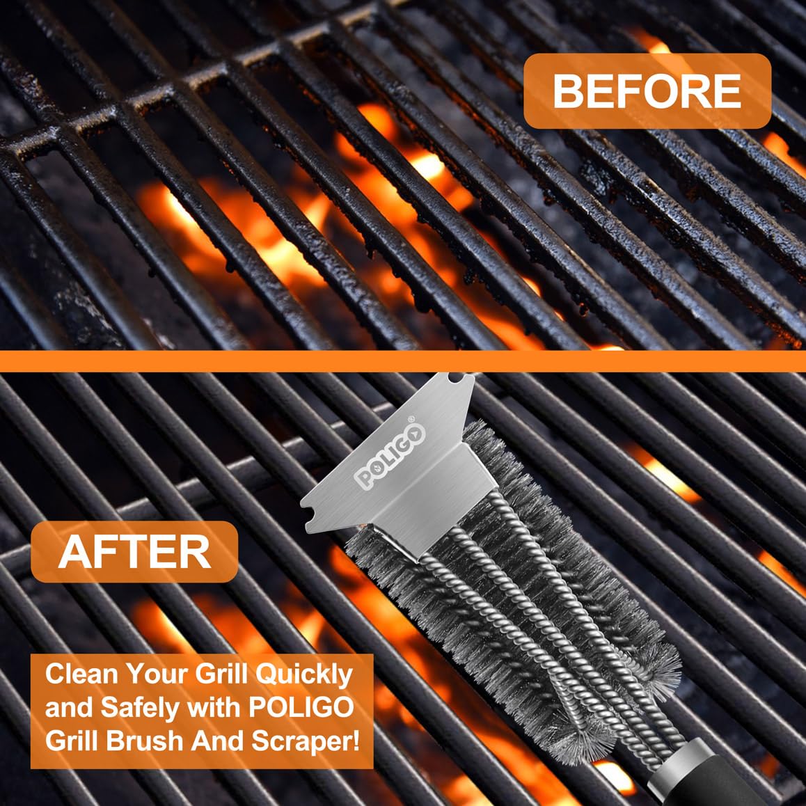 POLIGO Grill Brush and Scraper with Deluxe Handle - Safe Wire Stainless Steel BBQ Brush for Gas Infrared Charcoal Porcelain Grills - Ideal Gift BBQ Cleaning Brush for Grill Wizard Grate Cleaner