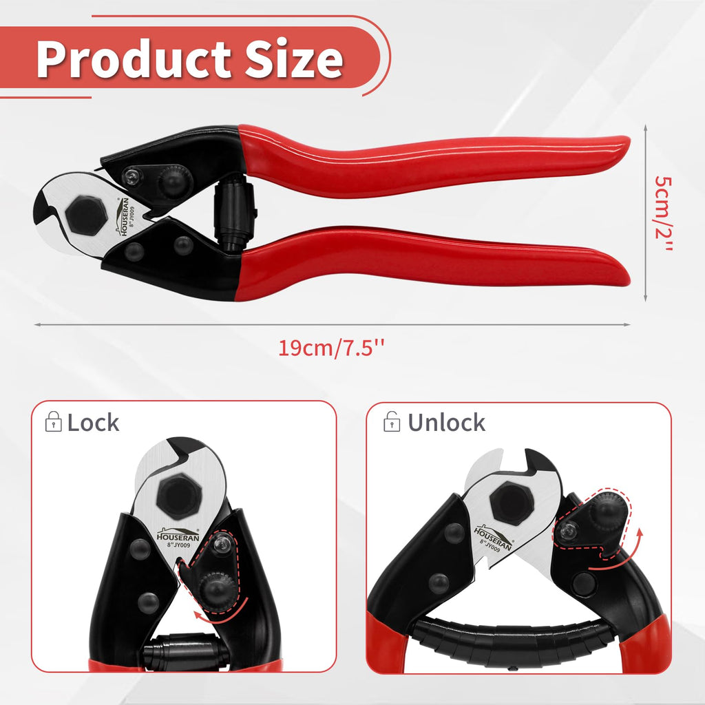 HOUSERAN 8 Inch Wire Rope Cutter, Stainless Steel Cable Cutter, Heavy Duty Wire Cutters Cutting Up to 3/16" for Fence, Wire Seals, Aircraft Cables, Decking, Railing, Bike Bicycle Brake Cable, DIY