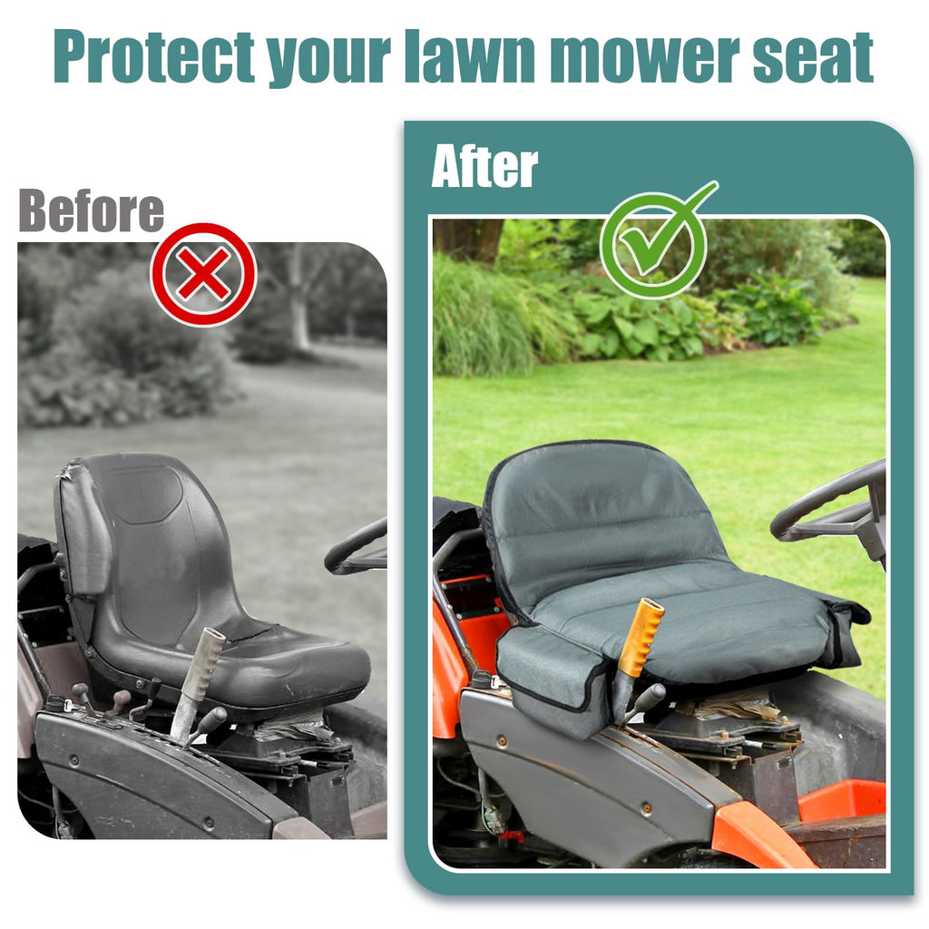 Lawn Tractor Seat Cover with Two Side Pockets, Waterproof 600D Oxford Riding Mower Seat Covers, Fits for 12.2-14.2inches Back High Seat