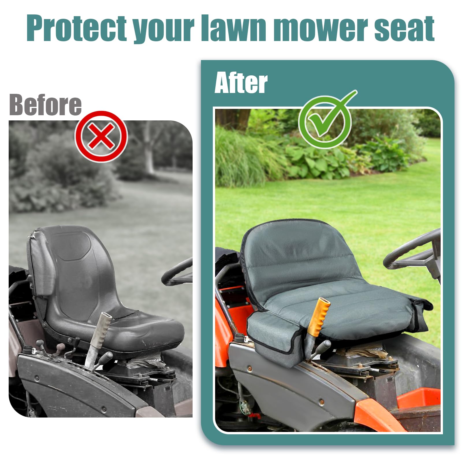 Lawn Tractor Seat Cover with Two Side Pockets, Waterproof 600D Oxford Riding Mower Seat Covers, Fits for 12.2-14.2inches Back High Seat