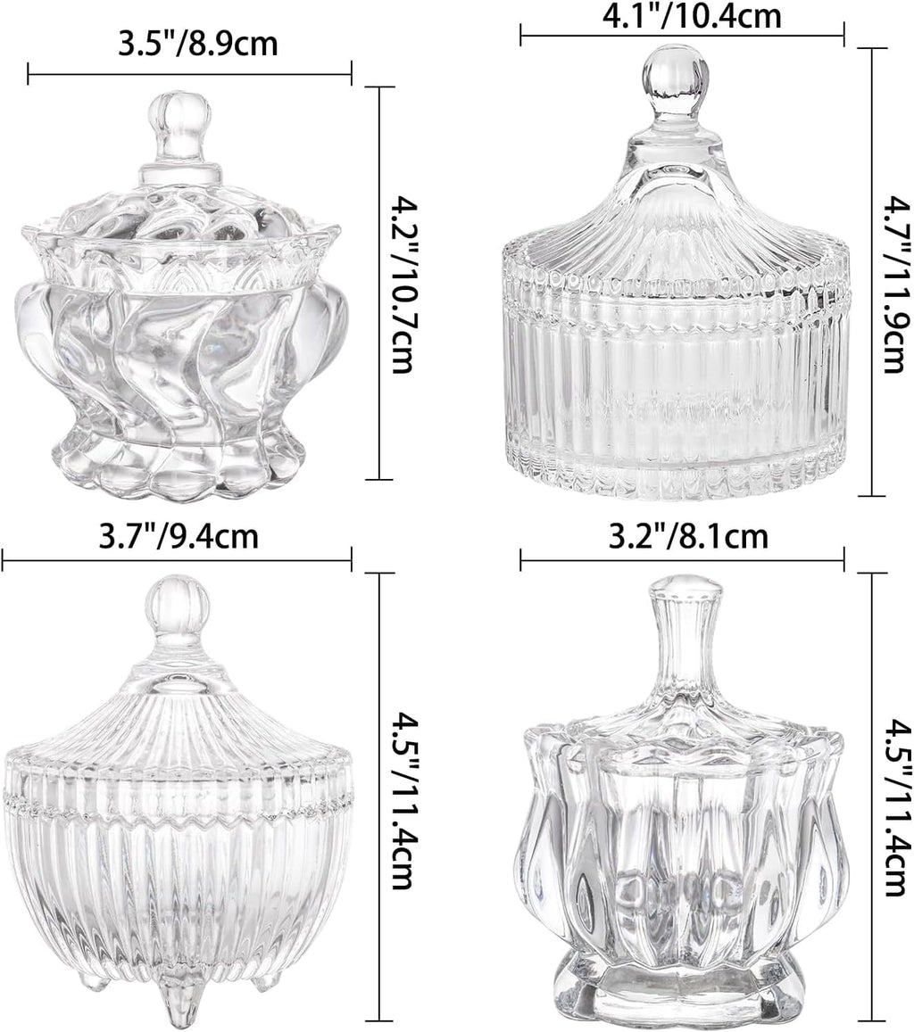 YOUEON Set of 4 Glass Covered Candy Dish with Lid, Crystal Candy Jar Clear Decorative Glass Jars Sugar Dish for Candy Buffet, Party, Wedding, Countertop, 4 Styles