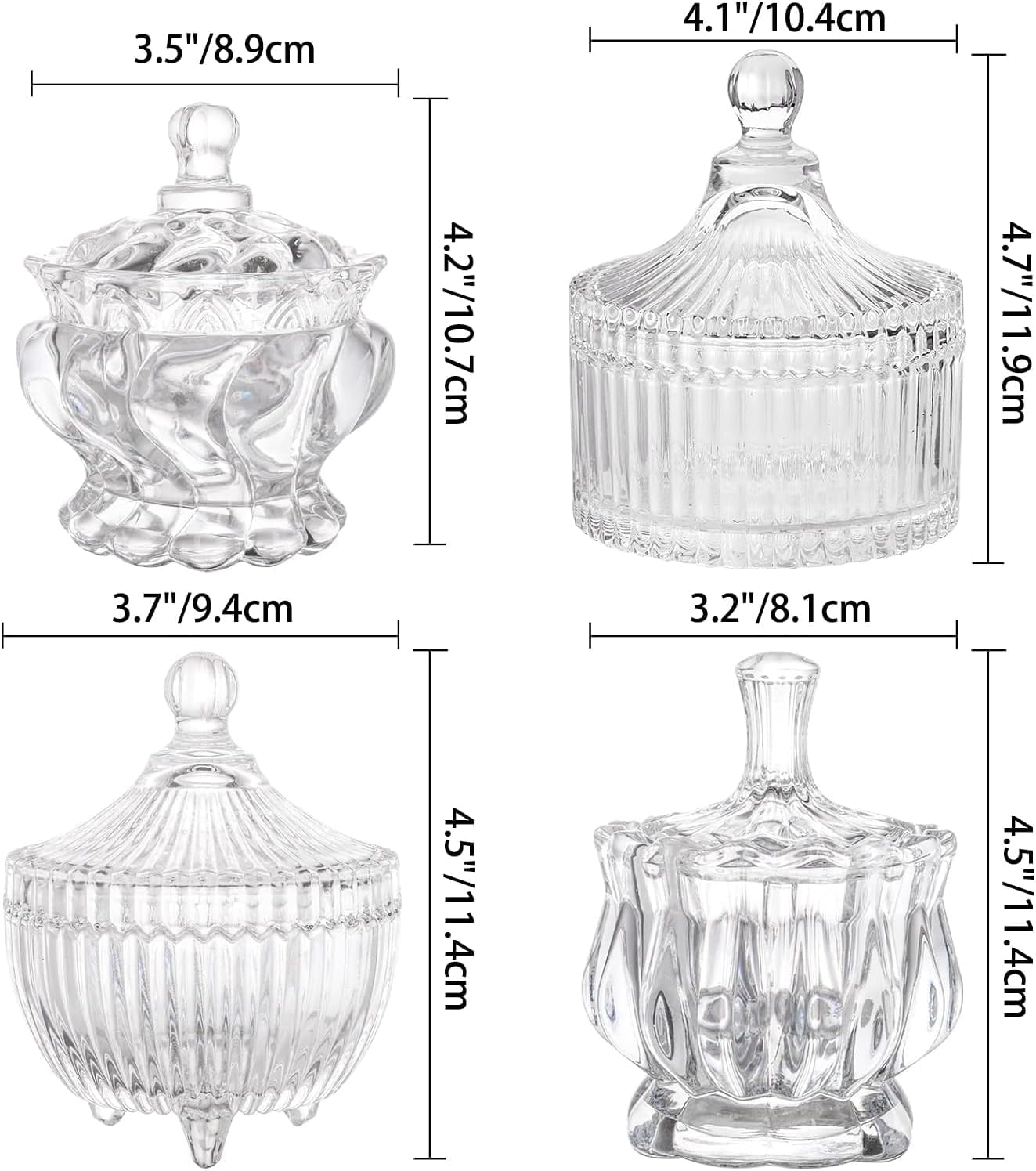 YOUEON Set of 4 Glass Covered Candy Dish with Lid, Crystal Candy Jar Clear Decorative Glass Jars Sugar Dish for Candy Buffet, Party, Wedding, Countertop, 4 Styles
