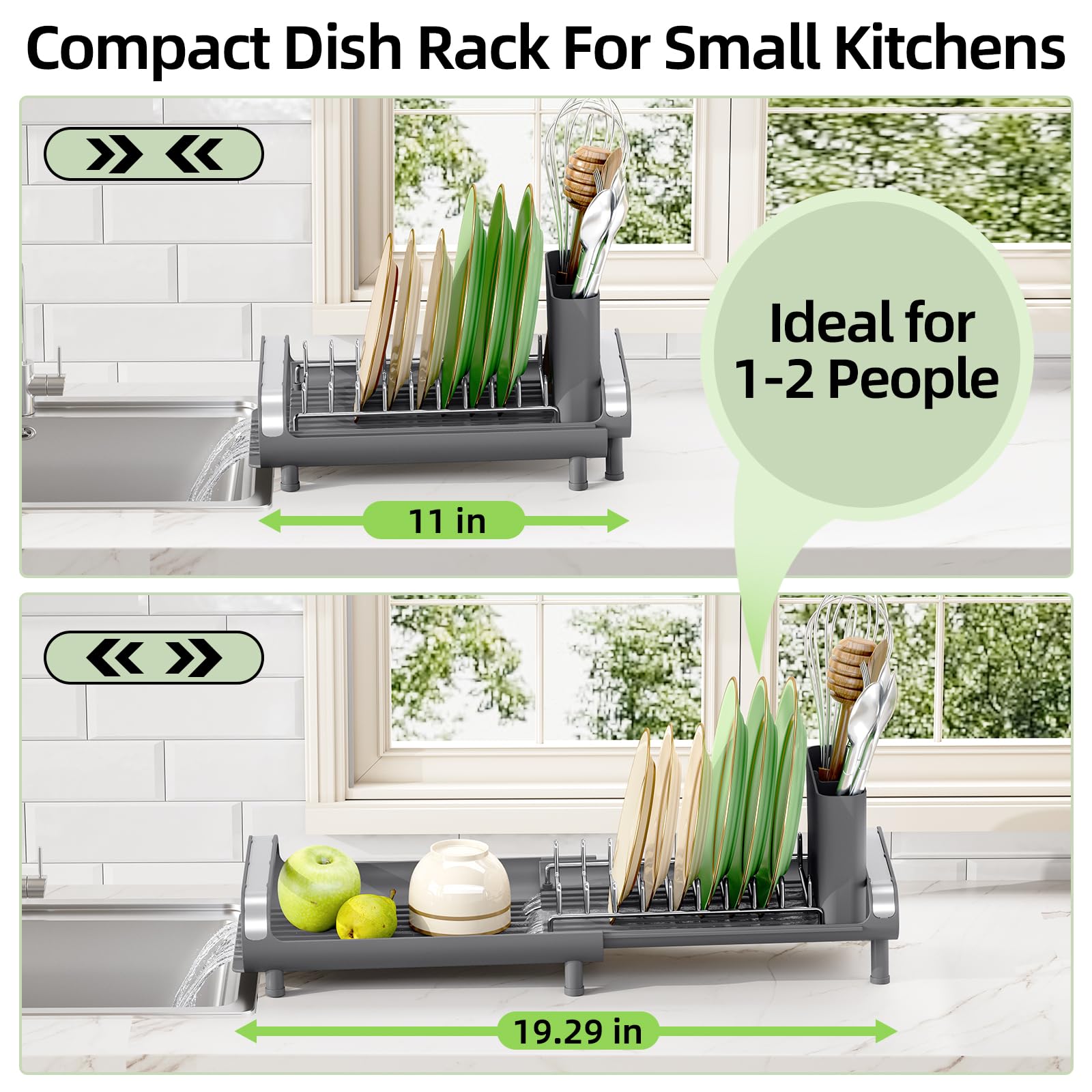 Small Expandable Dish Drying Rack – Compact Stainless Steel Dish Drainer with Removable Cutlery Holder, Anti-Rust Plate Rack for Kitchen Countertop or Sink, Grey