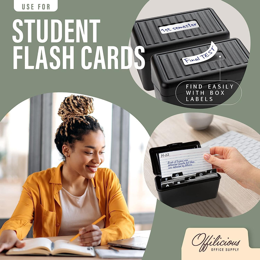 OFFILICIOUS Index Card Holder 3x5" Set – Heavy-Duty Index Card Organizer Box with Dividers – 100 Ruled Index Cards 3x5, 25 Manila Dividers, 25 Plastic Dividers, 72 Easy-Read Stickers & 5 Box Labels