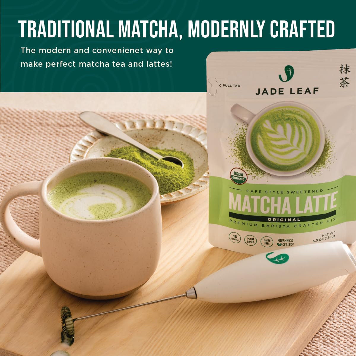 Jade Leaf Matcha - Modern Starter Gift Set Includes: Electric Matcha Whisk + Milk Frother, Stainless Steel Spoon, Stainless Steel Sifter, and Printed Handbook