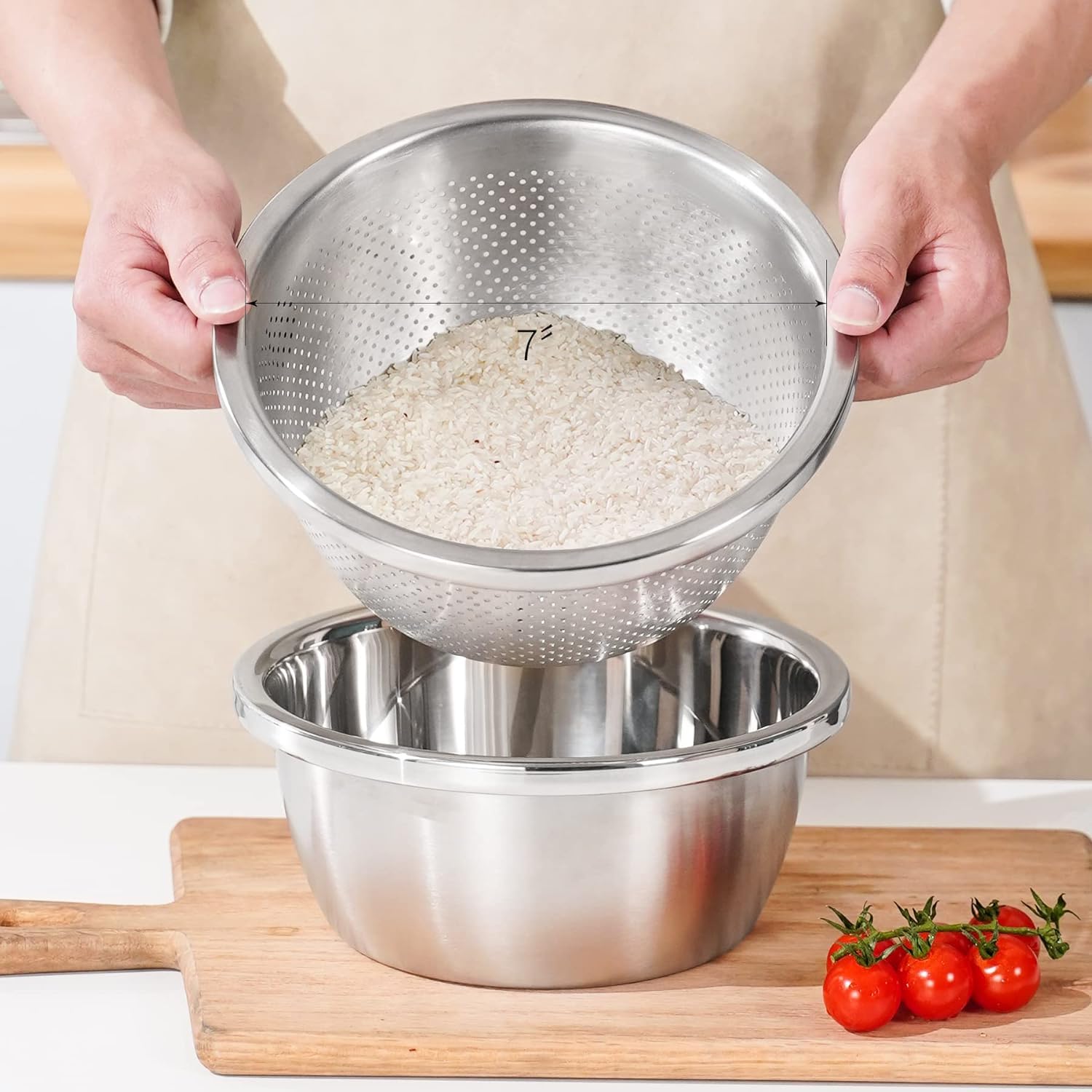 POPGRADE 304 Stainless Steel Colander Rice Washing Bowl Set, 2-QT Colanders & Food Strainers, Rice Strainer Washer Fruit Cleaner Bowl, Vegetable Fruit Washing Colander with Salad Mixing Bowl (2pcs)