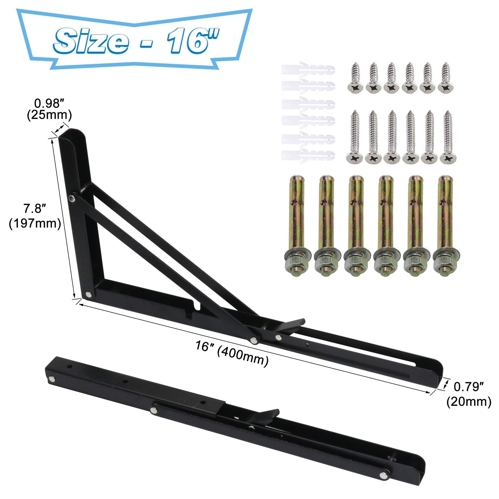 KOOTANS 16 Inch Folding Shelf Brackets, Heavy Duty Wall Mounted Metal Collapsible Shelf Bracket for Bench Table Workbench Supports Space Saving DIY Bracket, Max Load 220LB/100KG, Pack of 2 with Screws