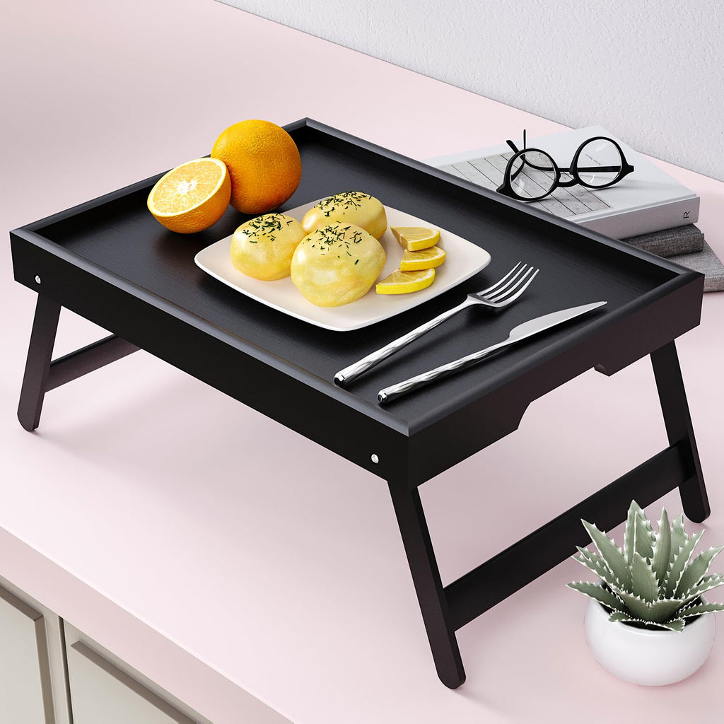 Bamboo Bed Table Tray with Foldable Legs, Large Breakfast Bed Tray with Handles for Food, Snack Small Laptop (Black)