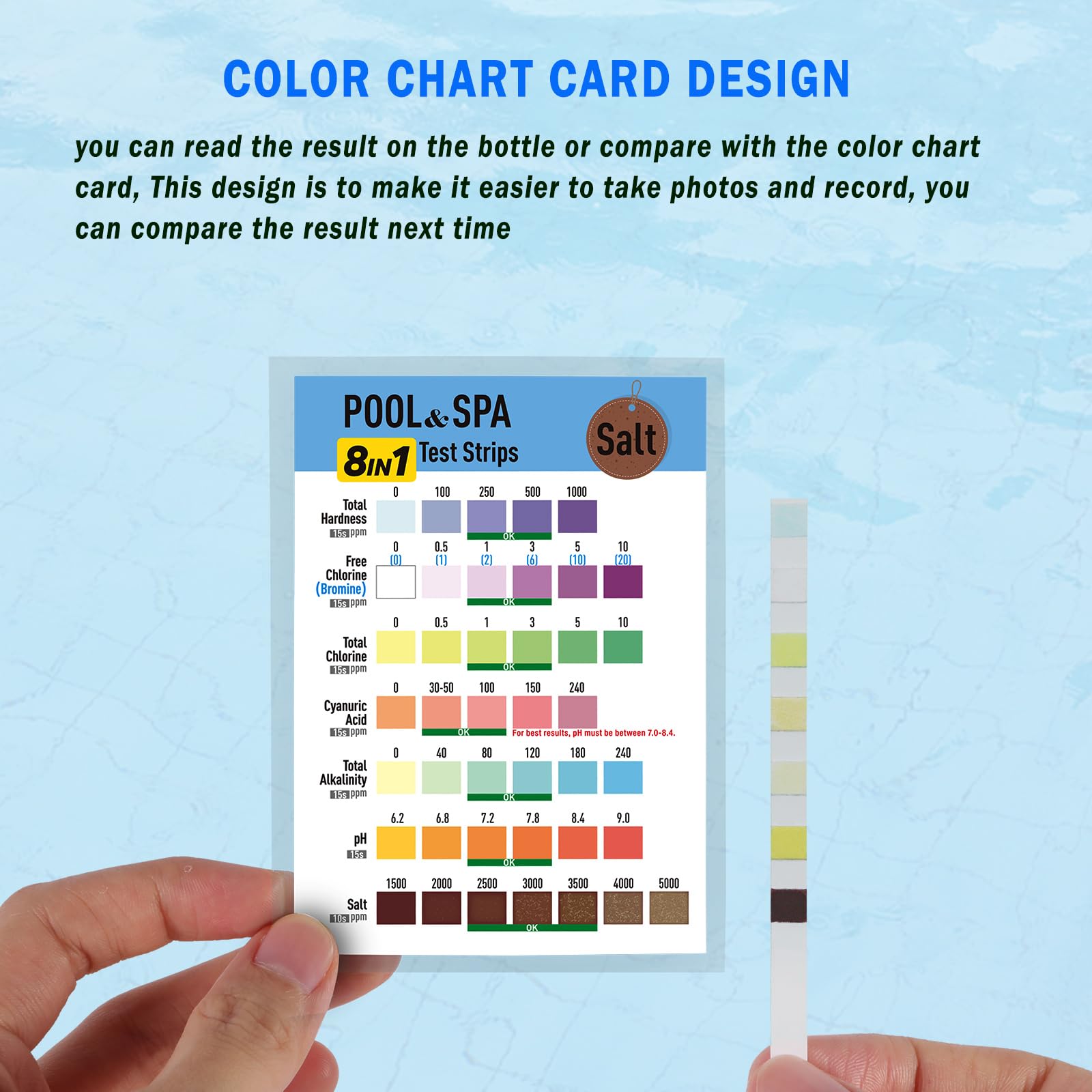 GAOQSEMG 8 in 1 Pool and Spa Test Strips, Salt Pool Test Strips Hot Tub Saltwater Testing Kits Quick & Accurate Testing Salt,Bromine,Chlorine,pH,Hardness,Cyanuric Acid,Alkalinity,100 Strips