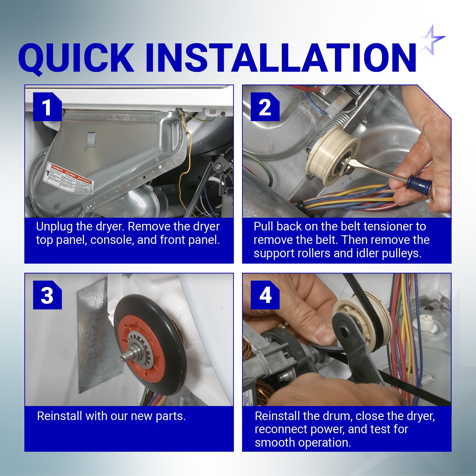 BlueStars 4392067 Dryer Repair Kit and W10837240 Dryer Idler Pulley - For Whirlpool Cabrio Duet Maytag Bravos XL Kenmore Elite Dryer - Includes WPW10314173 Drum Roller 661570V Belt 279640 Idler Pulley