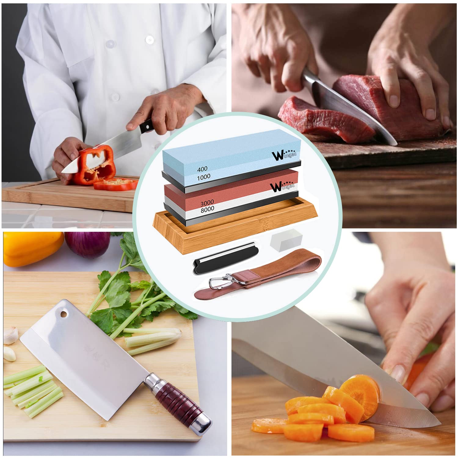 Wucgea Knife Sharpening Stone Kit - 400/1000 3000/8000 Grit Japanese Whetstone Sharpener Set with Non-Slip Rubber Base Angle Guide Flattening Stone and Leather Strop…