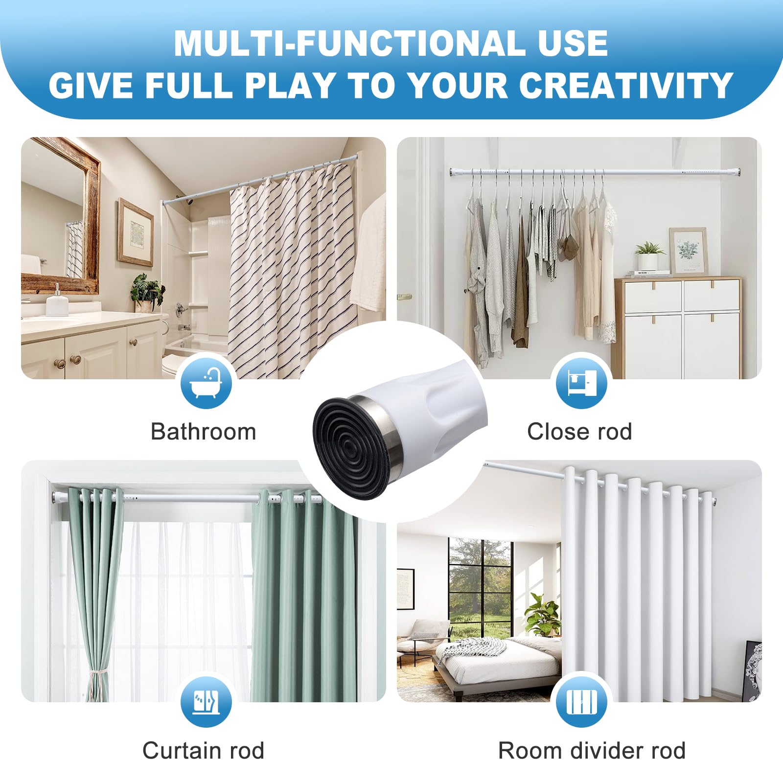 White Tension Curtian rod no drill, 42 to 115 inch Adjustable Heavy Duty black shower curtain rod for Windows bathroom Closet