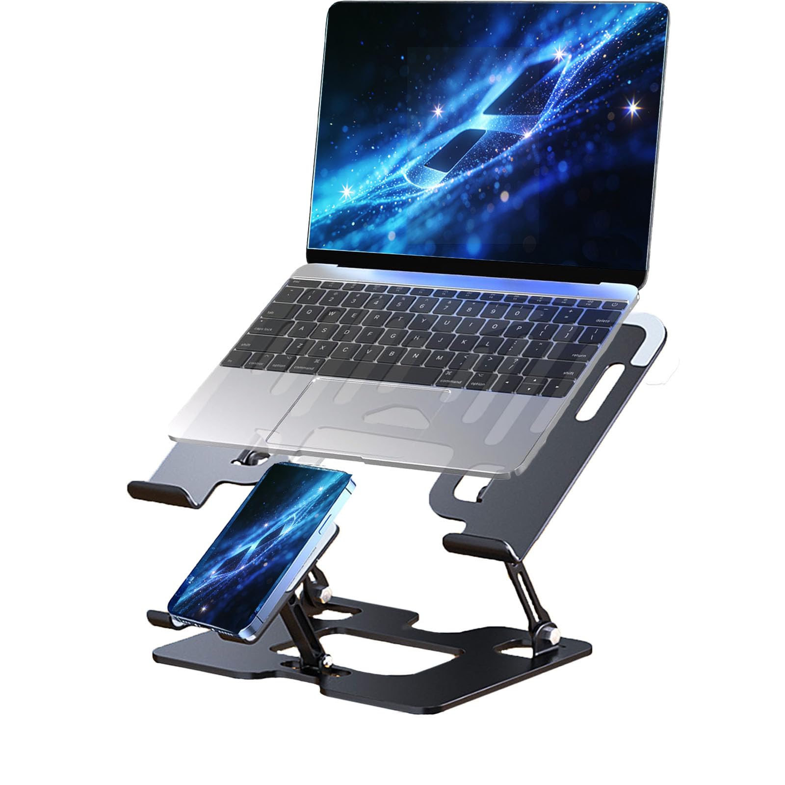 Ergonomic 2-in-1 Laptop Cooling Stand with Phone Holder, Portable Laptop Riser, Laptop Stand for Desk Foldable, Computer Notebook Stand Holder, Fits All Laptops up to 10-17.3''