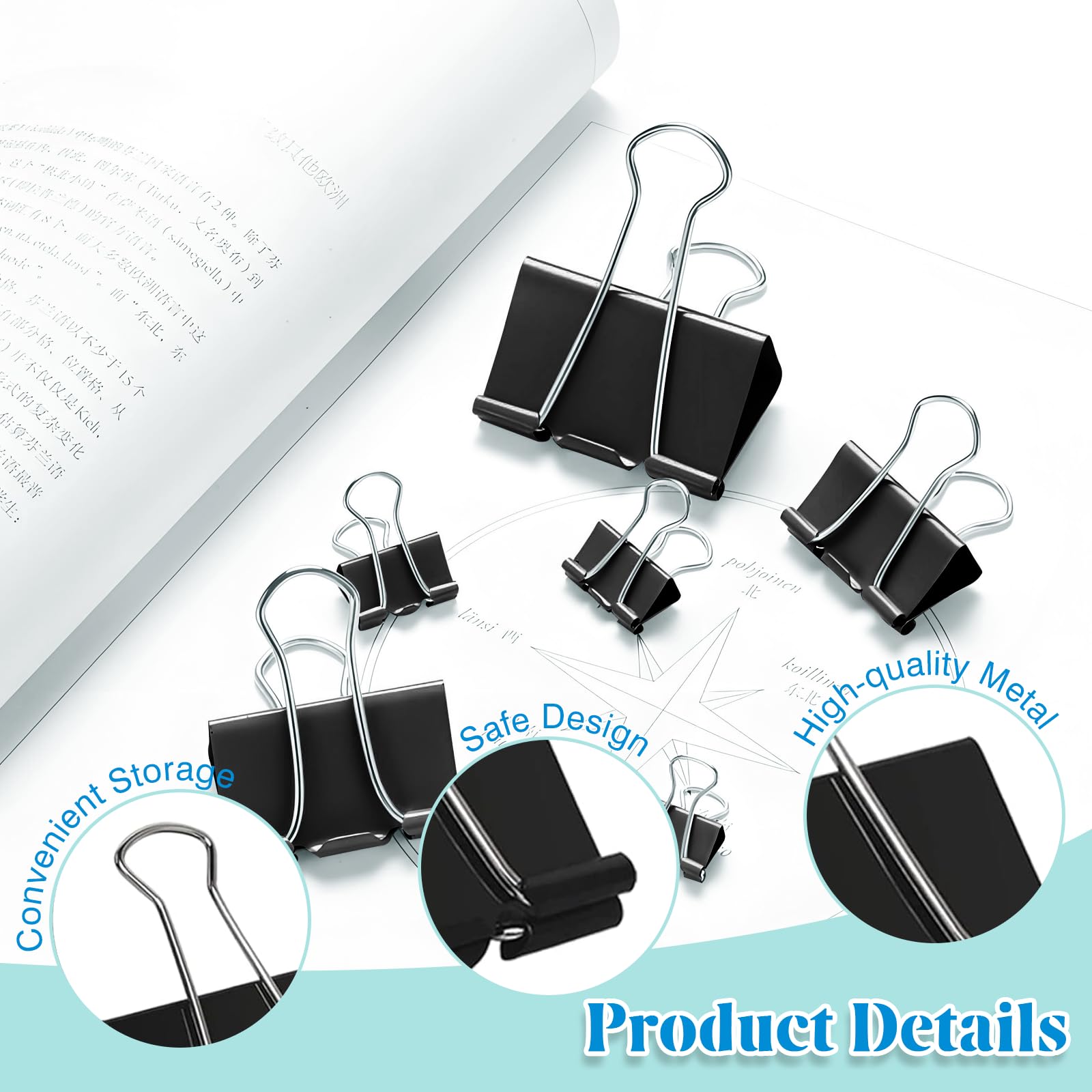 VEGCOO 140 PCS Black Paper Binder Clips, Assorted Sizes Bulldog Clips, Metal Binder Clip, Binder Clips Medium Size, Paper Clips Clamps for Home School Business Office Supplies(32/25/19/15mm)
