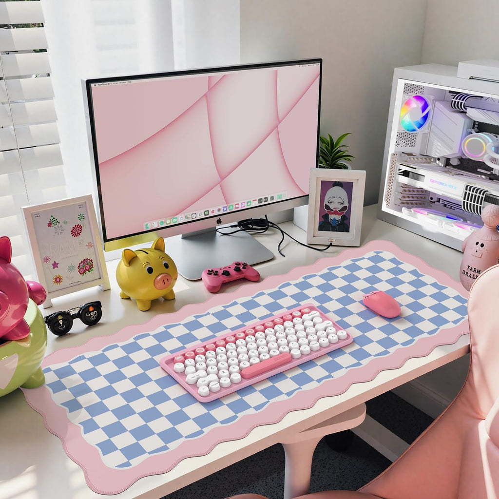 iCasso Cute Desk mat,Extended Large Gaming Mouse Pad Design with Irregular Edges,XXL Soft Lycra Surface Keyboard Mat 15.7X35.4 Inches, Non-Slip Rubber Base Desk Pad for Home Office (Pink Purple)