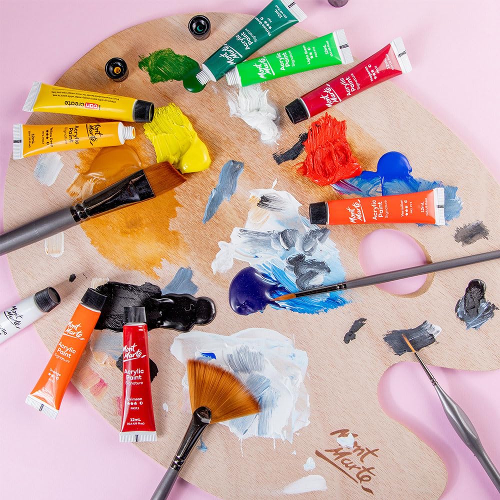 Mont Marte Acrylic Paint 24 Colours x 12ml Tubes, Semi-Gloss Finish, Suitable for a Variety of Painting Styles