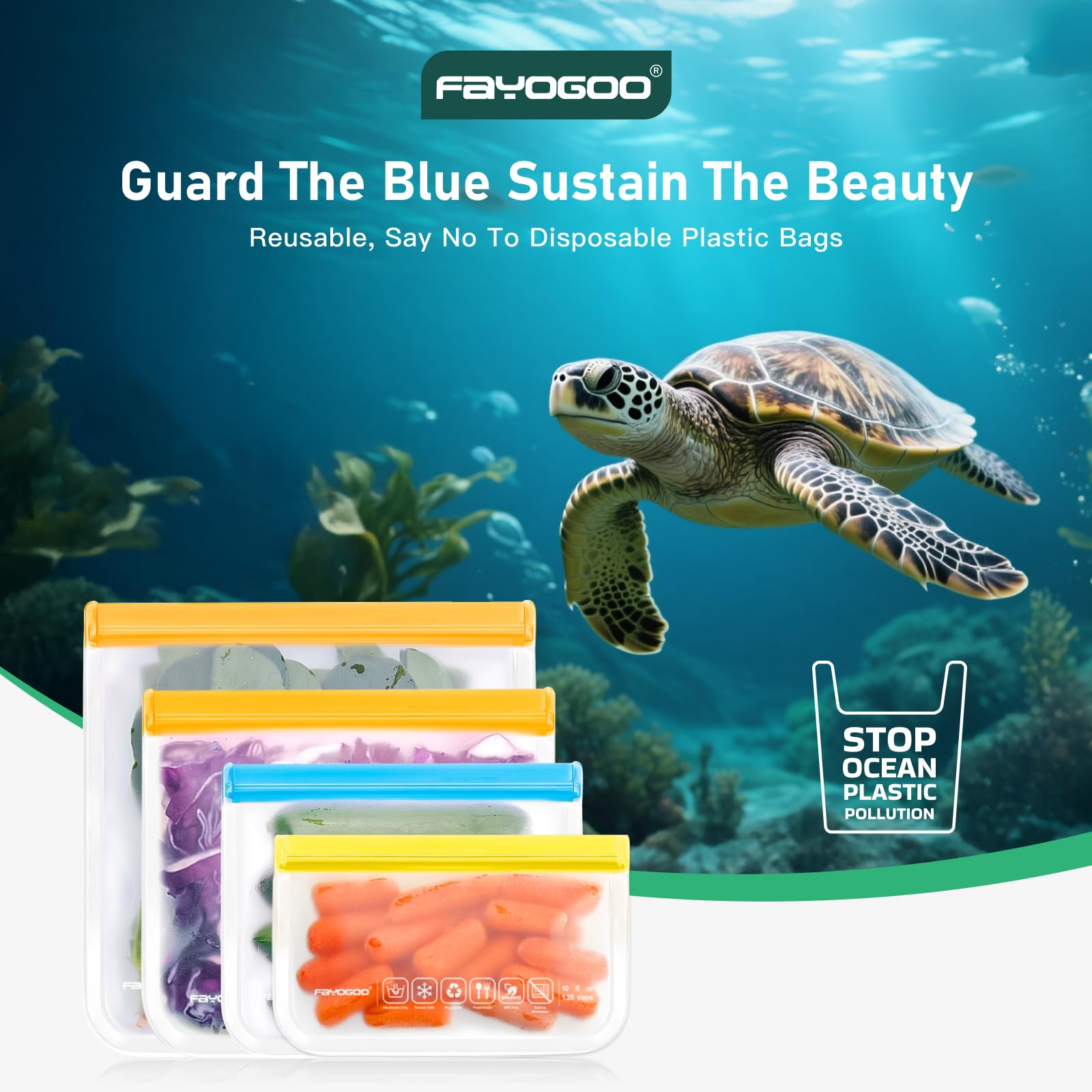 FAYOGOO Reusable Silicone Food Storage Bags 8 Pack Extra Large With Rack Dishwasher Safe Gallon Soup Liquid Bags Freezing
