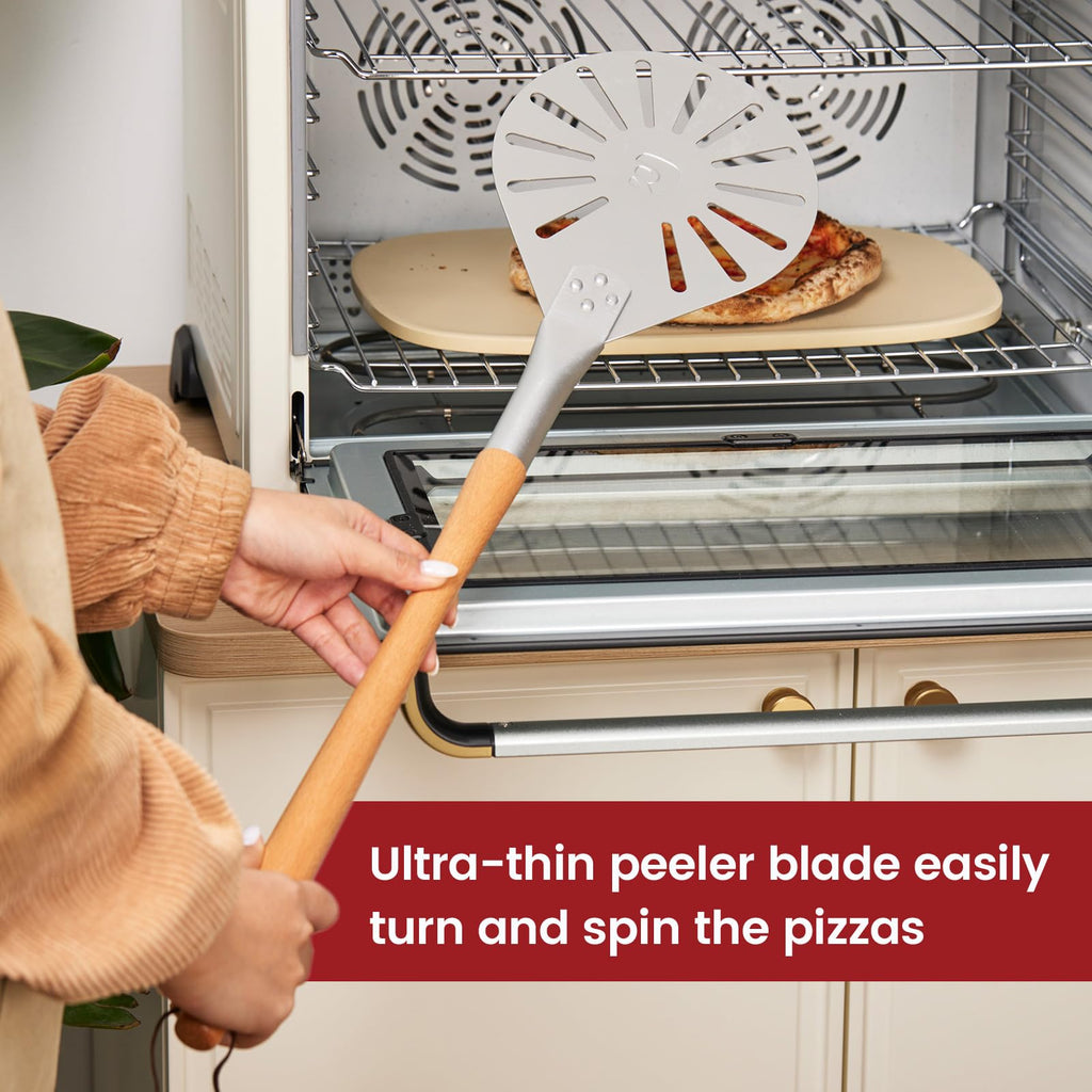 Pizza Turning Peel 7" Perforated Anodized Aluminum Round Pizza Peel Turner with Wood Handle Non Stick Pizza Paddle for Homemade Pizza Bread Outdoor Pizza Oven Accessories