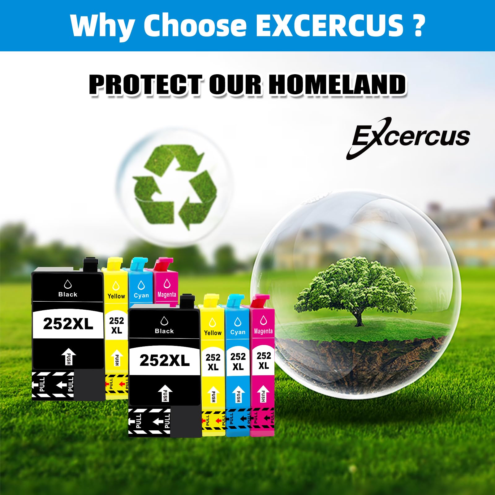 EXCERCUS 252XL Ink Cartridges Remanufactured for Epson 252XL T252 Ink Cartridge Work for WorkforceWF-7720 WF-3640 WF-7710 WF-3620 WF-7210 WF-7610 WF-7620 (2 Large Black, 2Cyan,2Magenta, 2Yellow)