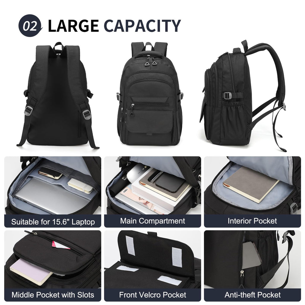 SUIKIHUM Aesthetic Daypack Backpack, Water-Resistant 15.6" Laptop Backpack for Women and Men, Featuring Touch-Fastener and Anti-Theft Pockets (Black)