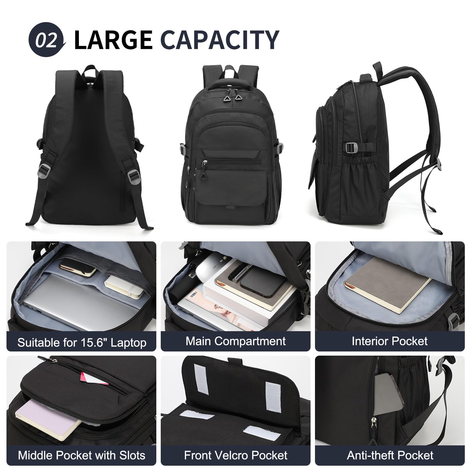 SUIKIHUM Aesthetic Daypack Backpack, Water-Resistant 15.6" Laptop Backpack for Women and Men, Featuring Touch-Fastener and Anti-Theft Pockets (Black)