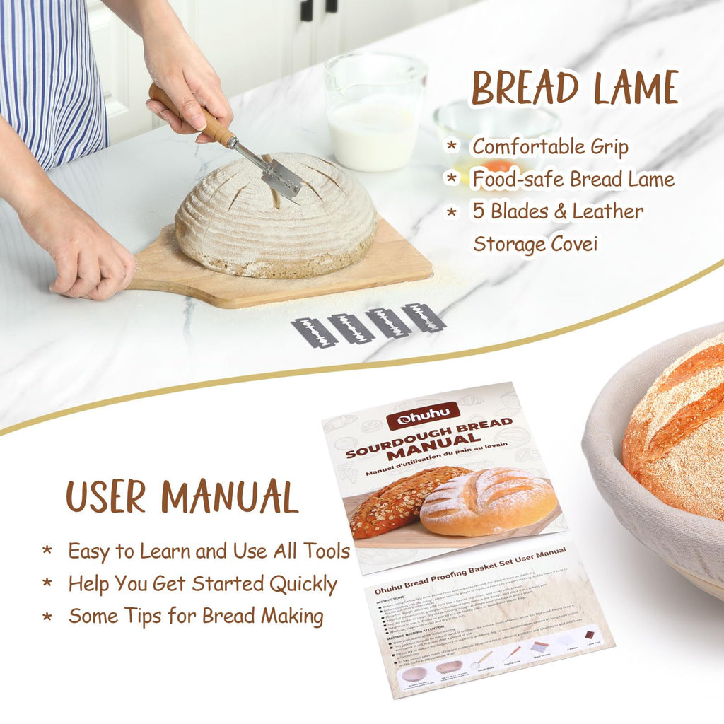 Ohuhu Sourdough Bread Starter Kit & Banneton Proofing Basket, All-in-One Set with 9" Round & 10" Oval Baskets & Tools to Bake Perfect Artisan Loaves at Home, for Beginner to Professional Bakers