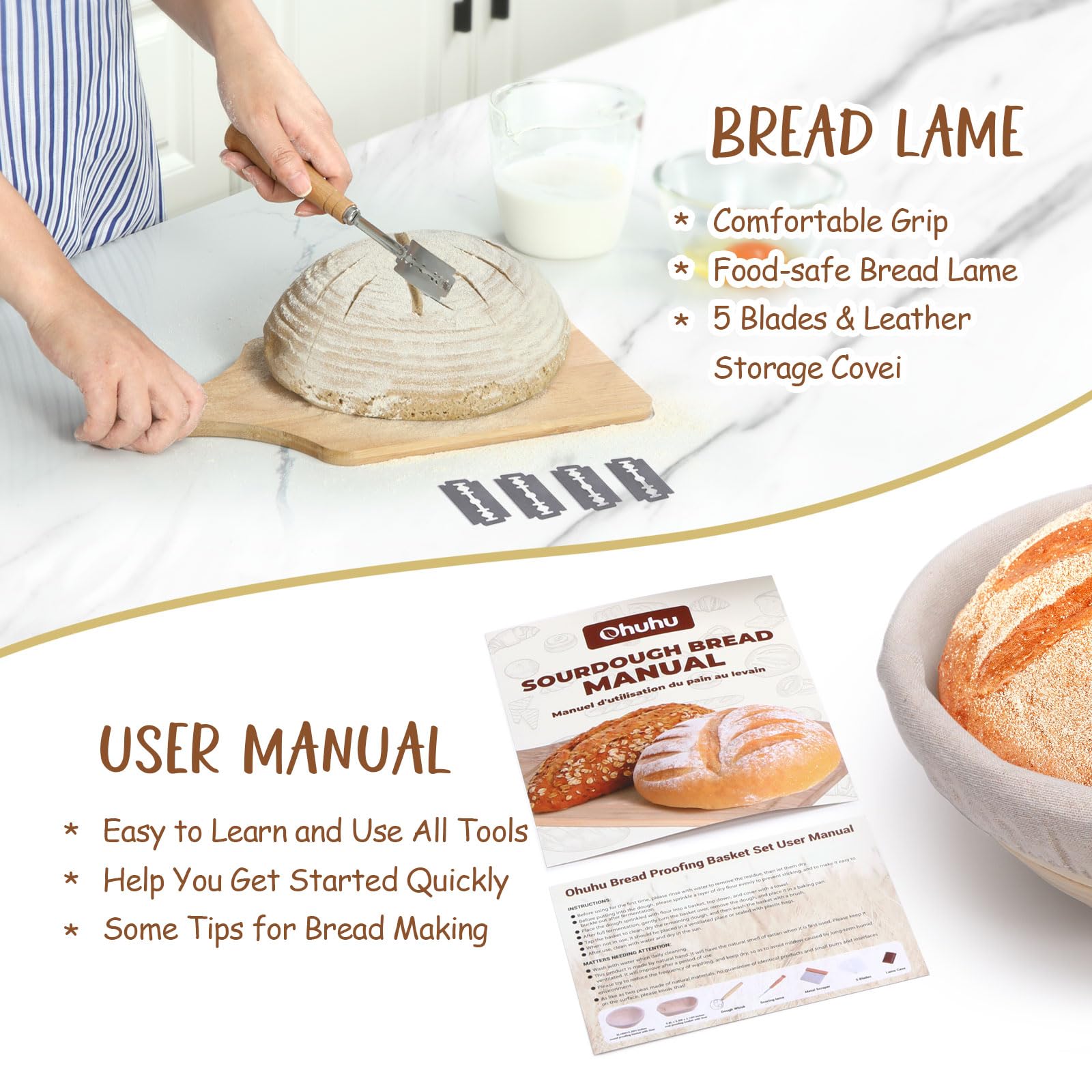 Ohuhu Sourdough Bread Starter Kit & Banneton Proofing Basket, All-in-One Set with 9" Round & 10" Oval Baskets & Tools to Bake Perfect Artisan Loaves at Home, for Beginner to Professional Bakers