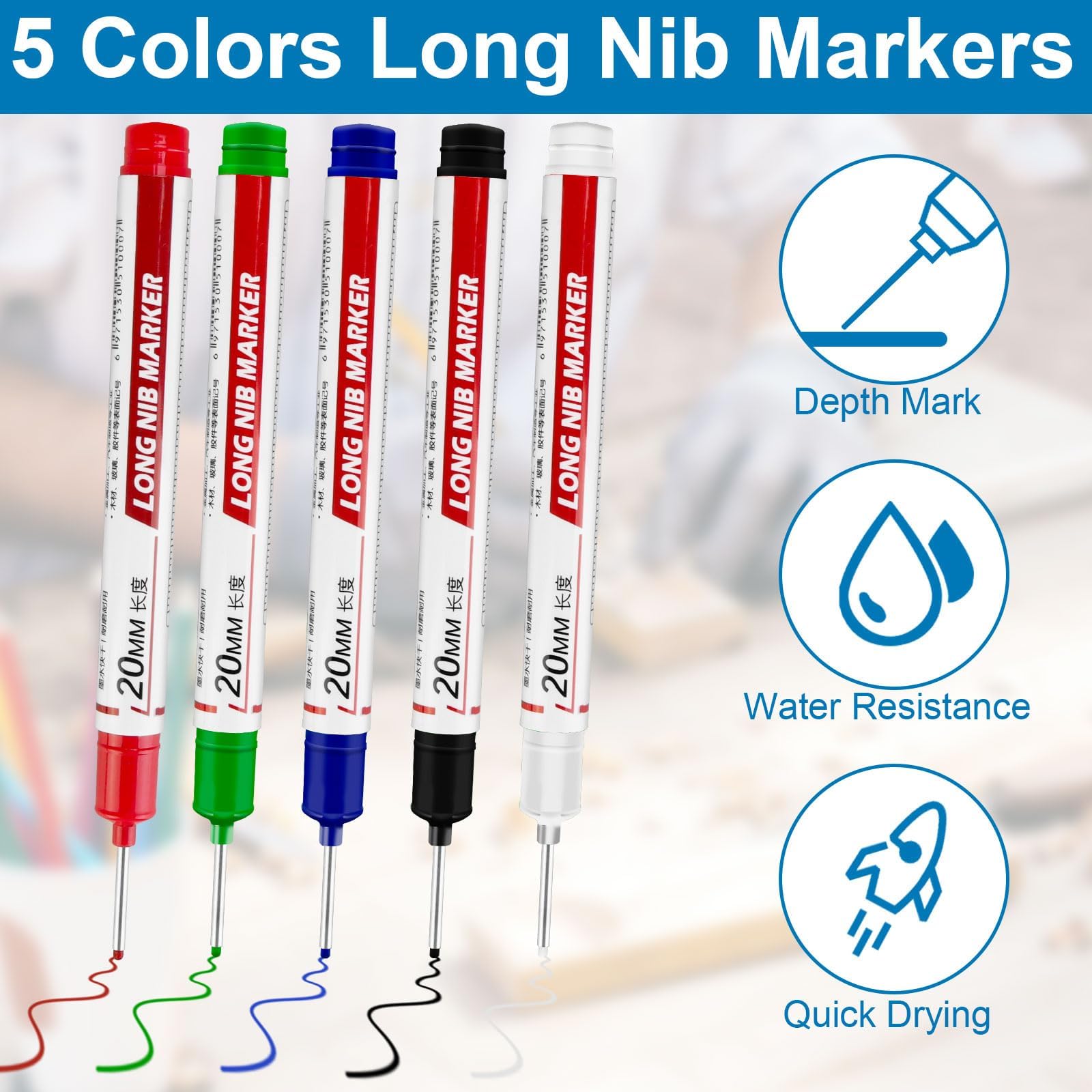 20PCS 20mm Long Nib Marker Long Head Deep Hole Marker Pens Permanent Markers Carpenter Ink Quick-dry Waterproof Pen Multi-purpose Construction Tools for Welding Drill Woodworking (Black)
