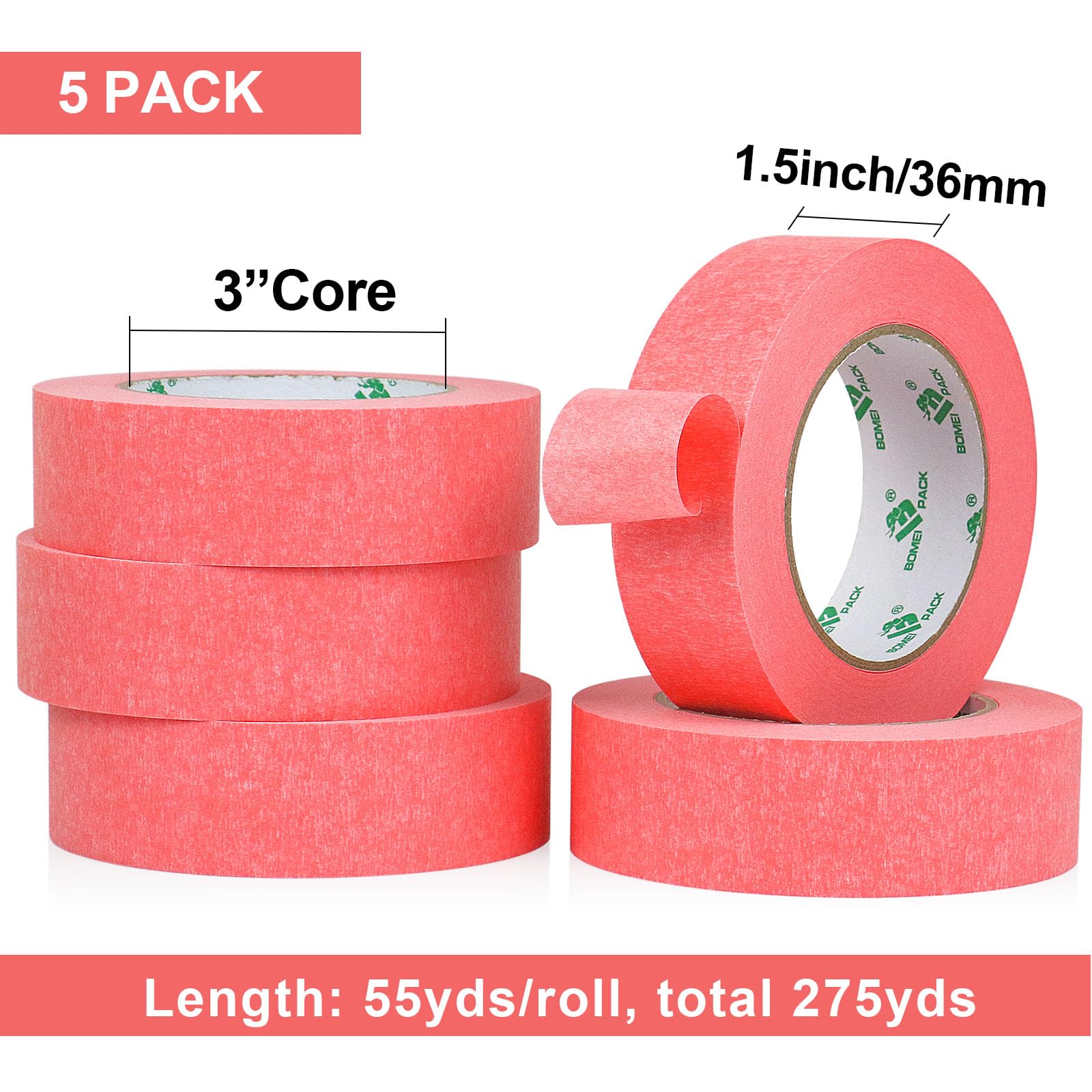 BOMEI PACK 5Rolls Pink Masking Tape 36mm x 55yds, General Purpose Thin Pink Painters Tape for Painting, Labeling, DIY Crafting, Decoration and School Projects, Total 275yds