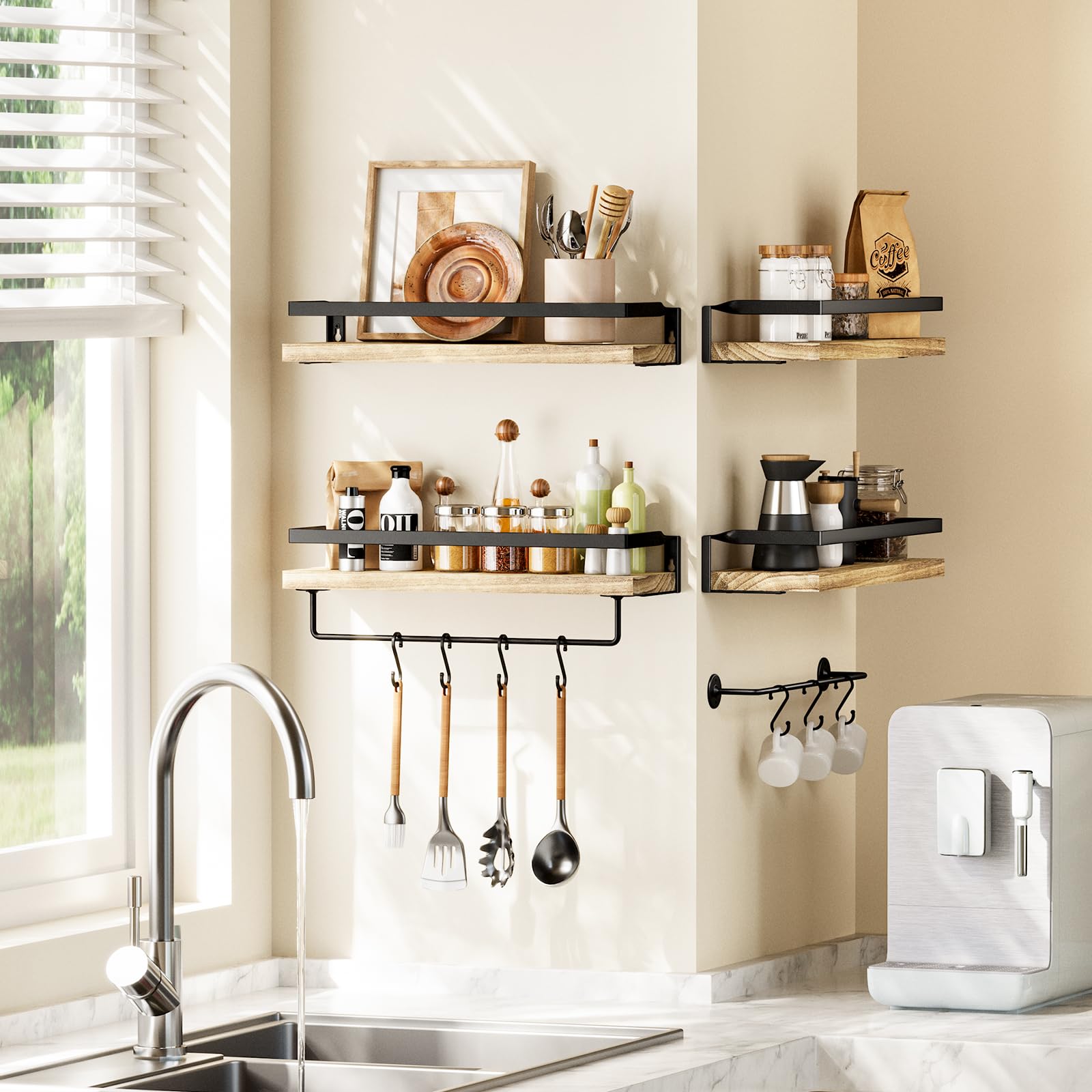 AMADA HOMEFURNISHING Rustic Floating Shelves Wall Mounted, Solid Metal with Removable Towel Holder, Wall Shelf Set of 2, 18kg Weight Capability, Storage Shelves for Kitchen, Bathroom,Laundry room etc