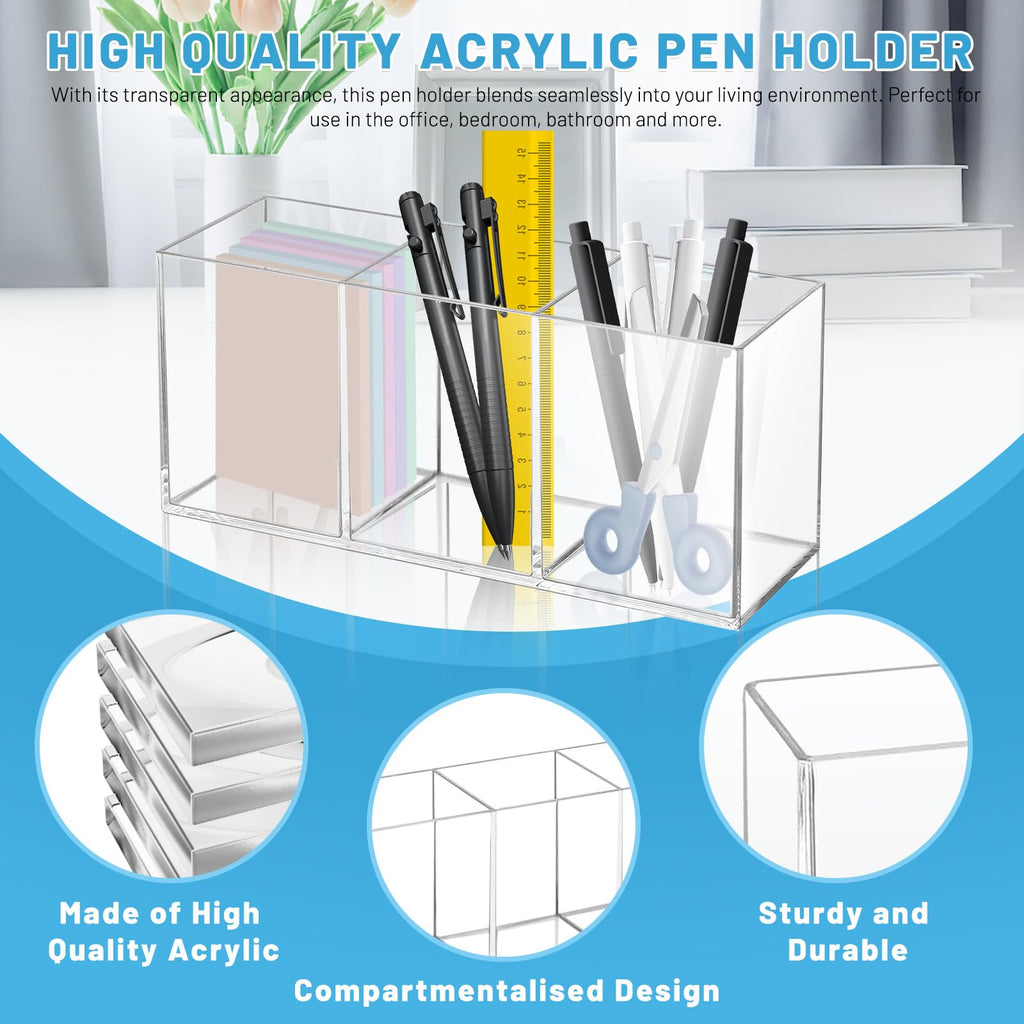 Realand 2Pcs Acrylic Pen Holder for Desk, 3 Compartments Clear Makeup Brush Holder Organizer, Pen Cup for Pencil Marker