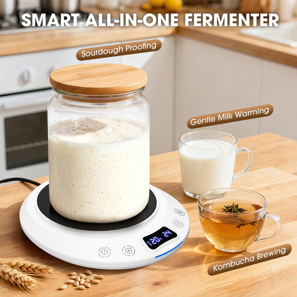 Sourdough Starter Warmer Mat, Precise 1°F Thermostat Control (70-120°F) Sourdough Heating Mat, Warmer for Sourdough Starter, 0-24h Timer, Auto On/Off, Memory Function (White)