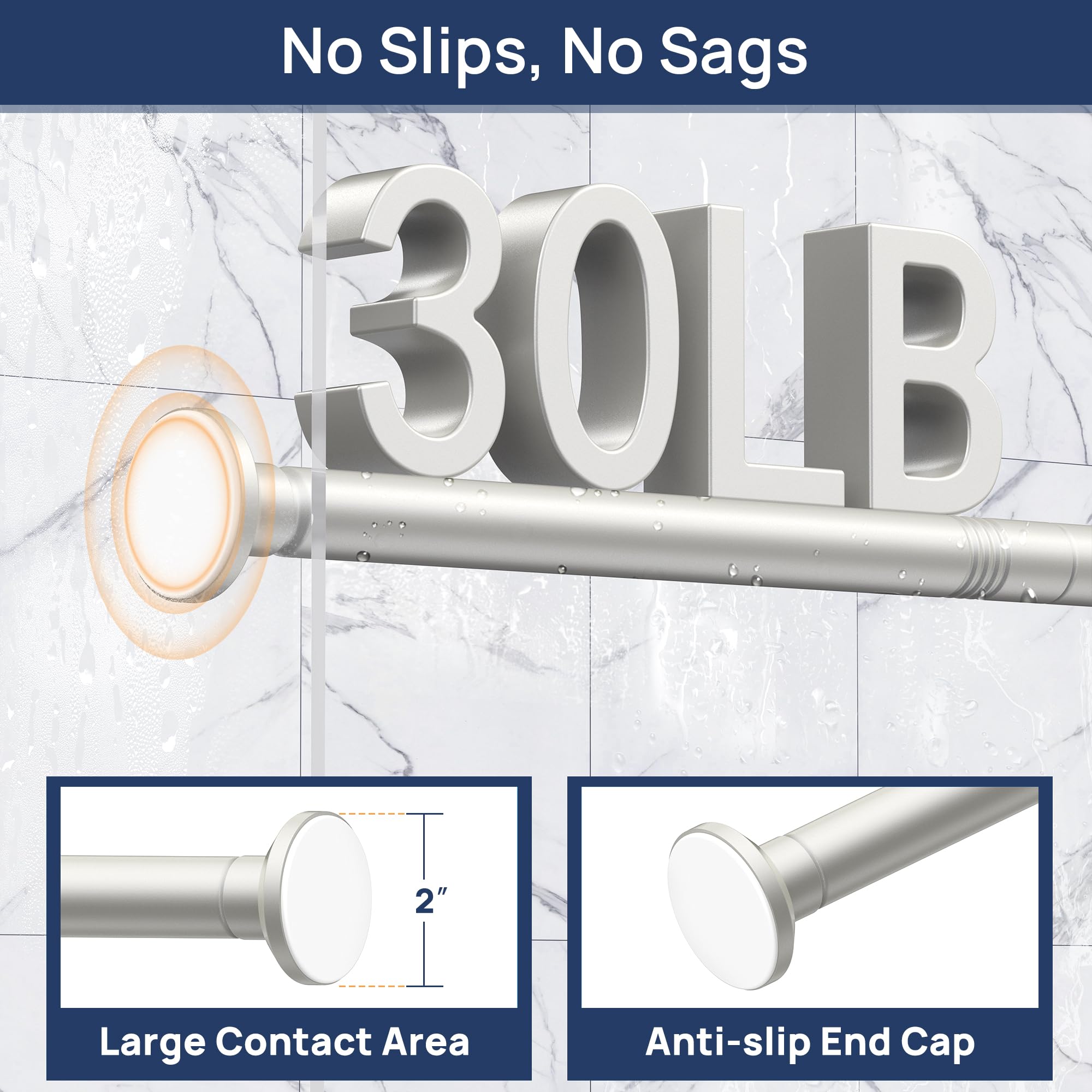 Shower Curtain Rod 30 to 76 Inches, 1 Inch Adjustable Spring Tension Stainless Steel Shower Rod No Drill for Bathroom, Closet, Window, Room Divider, Never Rust, Non Slip, Nickel