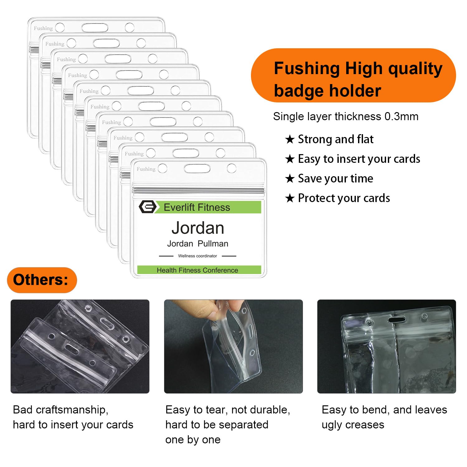 Fushing Pack of 50 Clear Plastic Horizontal Badge Holders, Name Tag Holders, Card Holders(L)