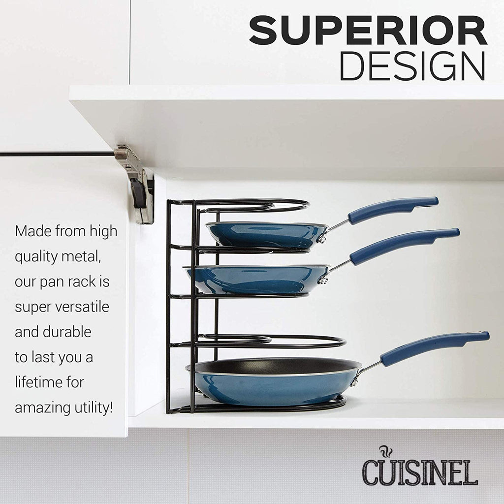 Heavy Duty Pan Organizer, 5 Tier Rack - Holds up to 50 LB - For Cast Iron Skillets, Griddles, Pots - Durable Steel Construction - Space Saving Kitchen Storage - No Assembly Required - Black 12.2-Inch