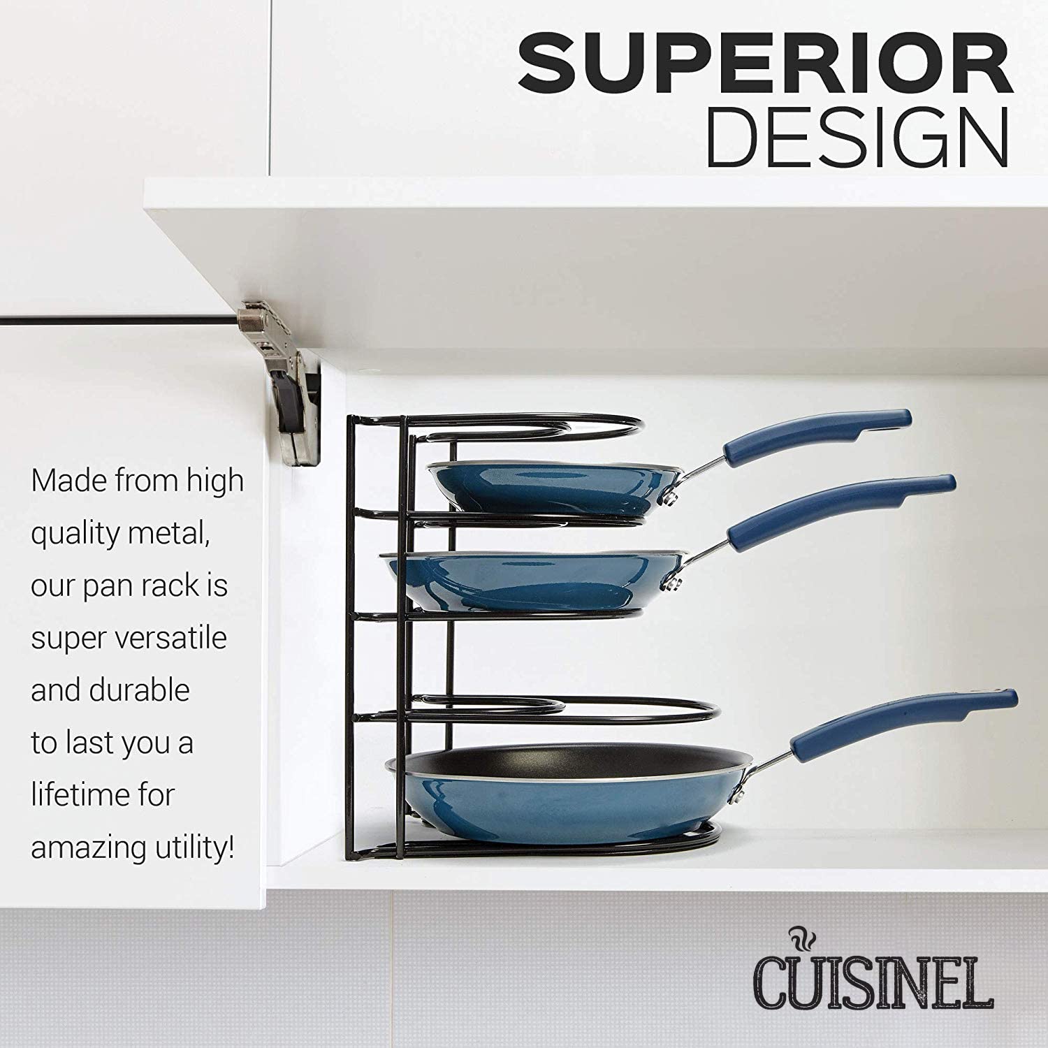 Heavy Duty Pan Organizer, 5 Tier Rack - Holds up to 50 LB - For Cast Iron Skillets, Griddles, Pots - Durable Steel Construction - Space Saving Kitchen Storage - No Assembly Required - Black 12.2-Inch