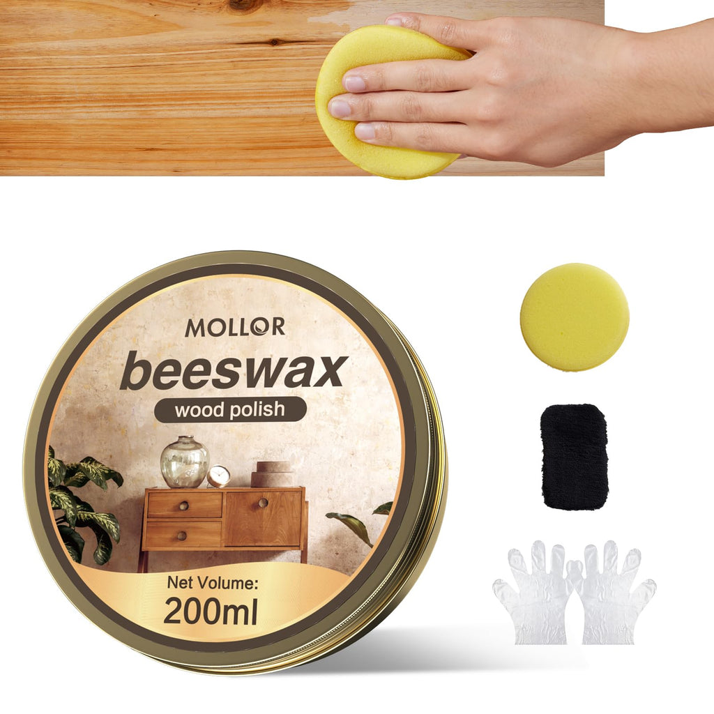 MOLLOR Beeswax Furniture Polish, Cabinet and Table Restorer, Natural Wood Conditioner, Multipurpose Beeswax for Wooden Tools, Protects for a Perfect Finish Bees Wax Polish (1 x 200g with 1 Sponge)