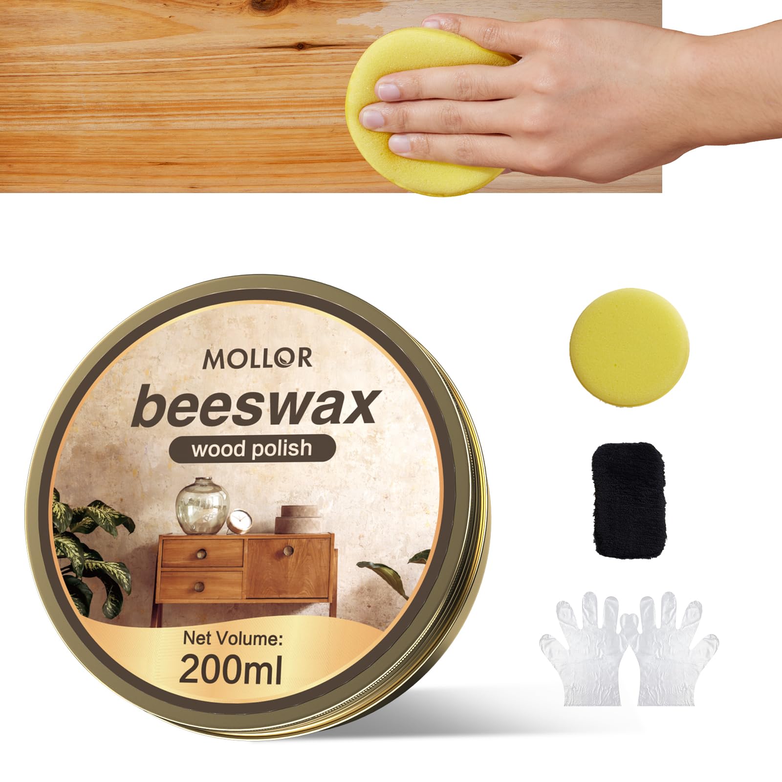 MOLLOR Beeswax Furniture Polish, Cabinet and Table Restorer, Natural Wood Conditioner, Multipurpose Beeswax for Wooden Tools, Protects for a Perfect Finish Bees Wax Polish (1 x 200g with 1 Sponge)