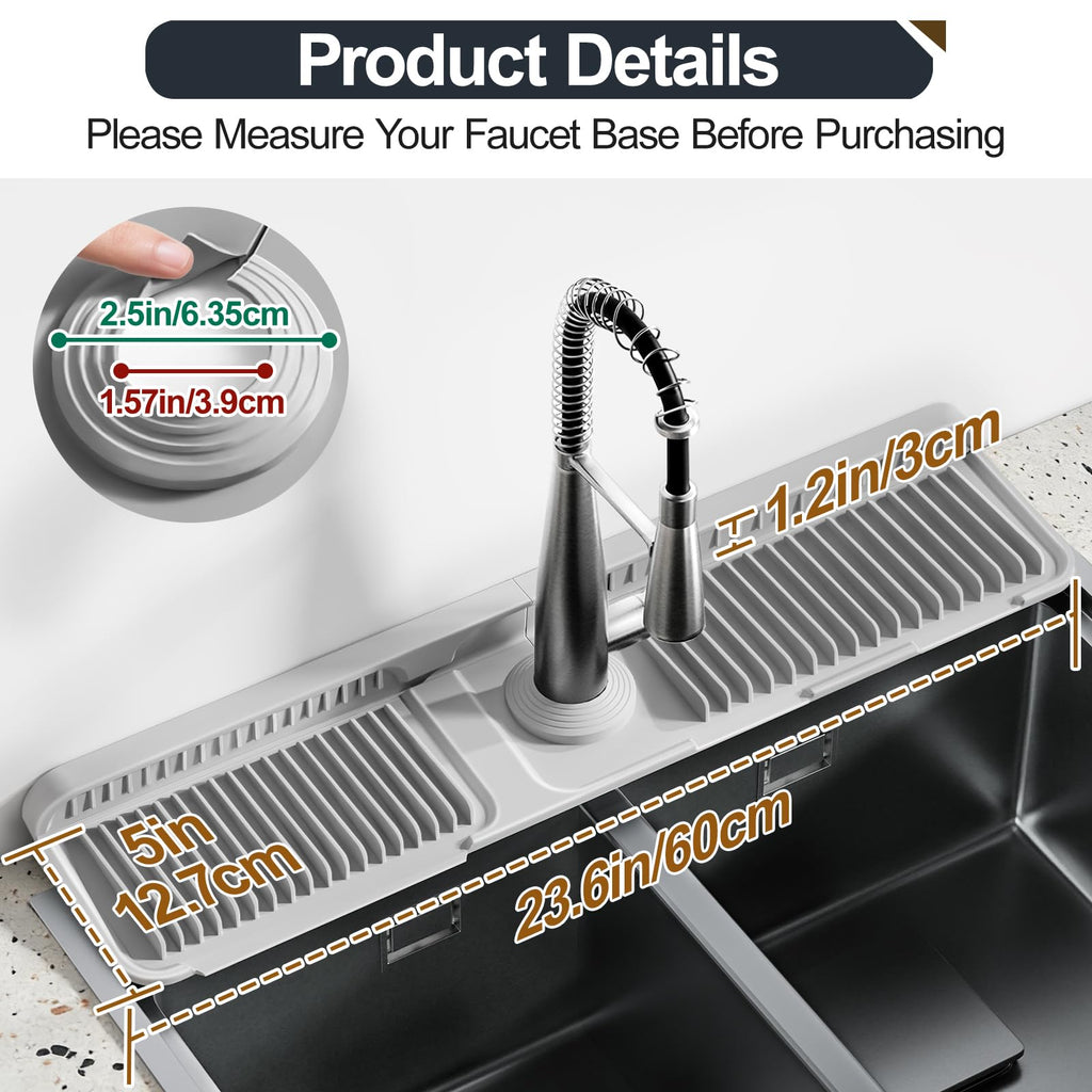 Accock 24 inch Kitchen Sink Splash Guard, Silicone Draining Mat for Sink, Longer Silicone Faucet Drainer Pad, Sink Protectors for Kitchen Sink Mat, Sponge Holder for Kitchen. (Grey, XXL(24 * 5.5))