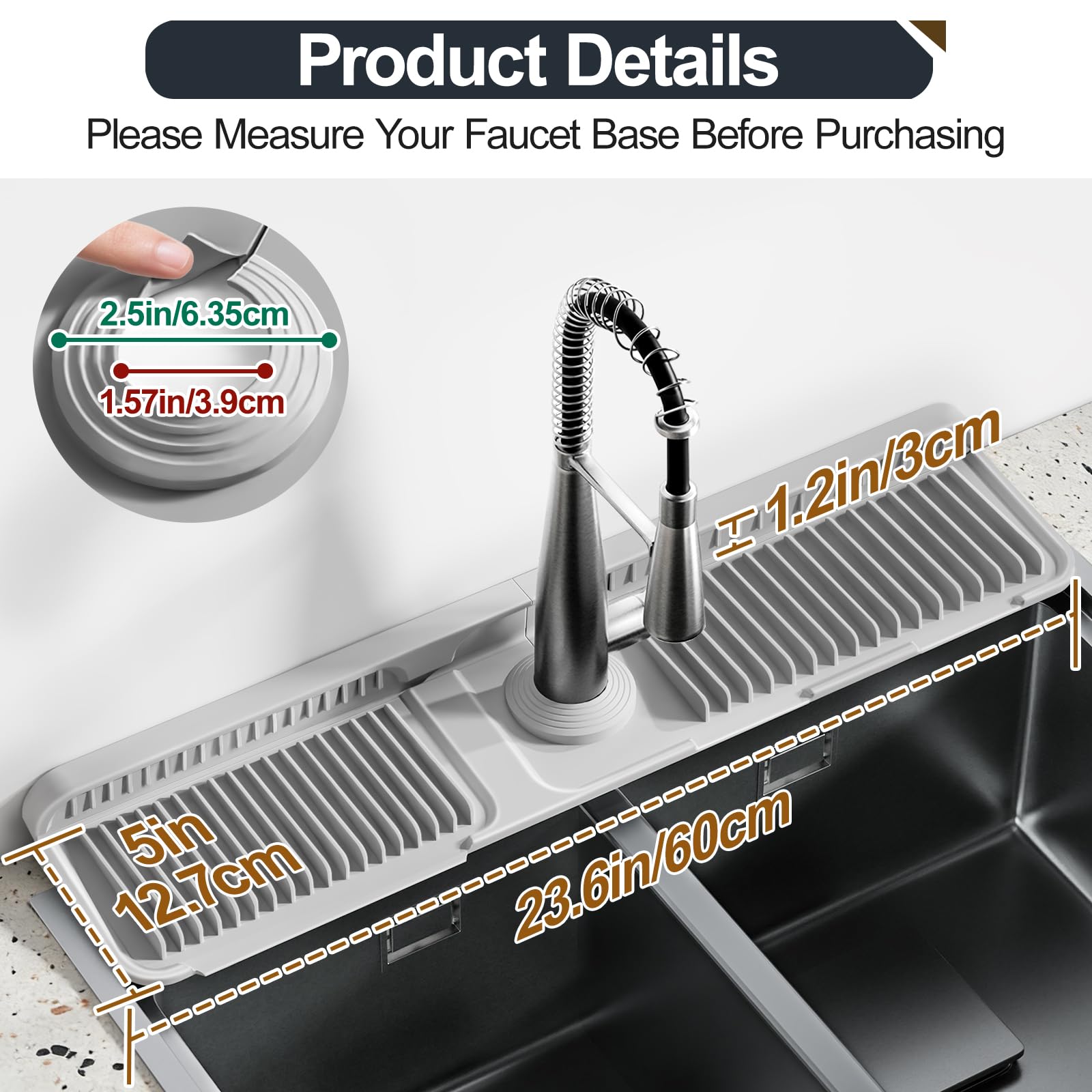 Accock 24 inch Kitchen Sink Splash Guard, Silicone Draining Mat for Sink, Longer Silicone Faucet Drainer Pad, Sink Protectors for Kitchen Sink Mat, Sponge Holder for Kitchen. (Grey, XXL(24 * 5.5))