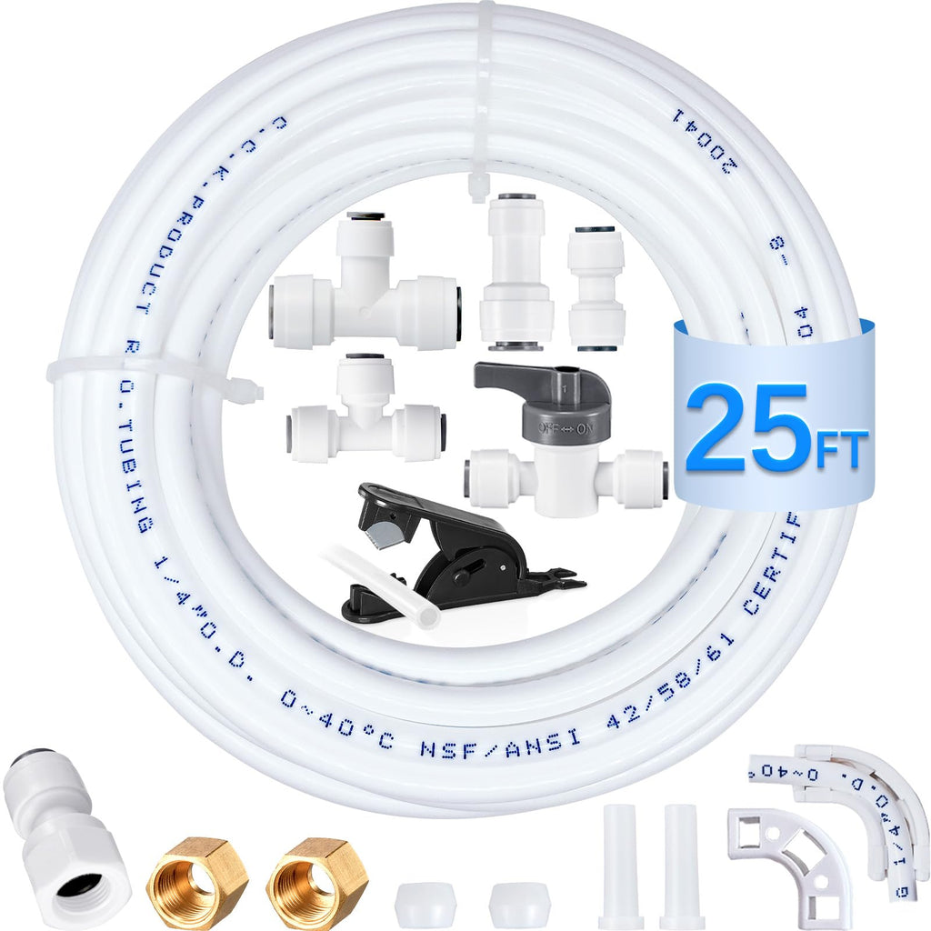 Refrigerator Water Line Kit - Food Grade Ice Maker Installation Kit for Refrigerator, 1/4" O.D. 25ft Water Pipe with Quick Connect Fittings for