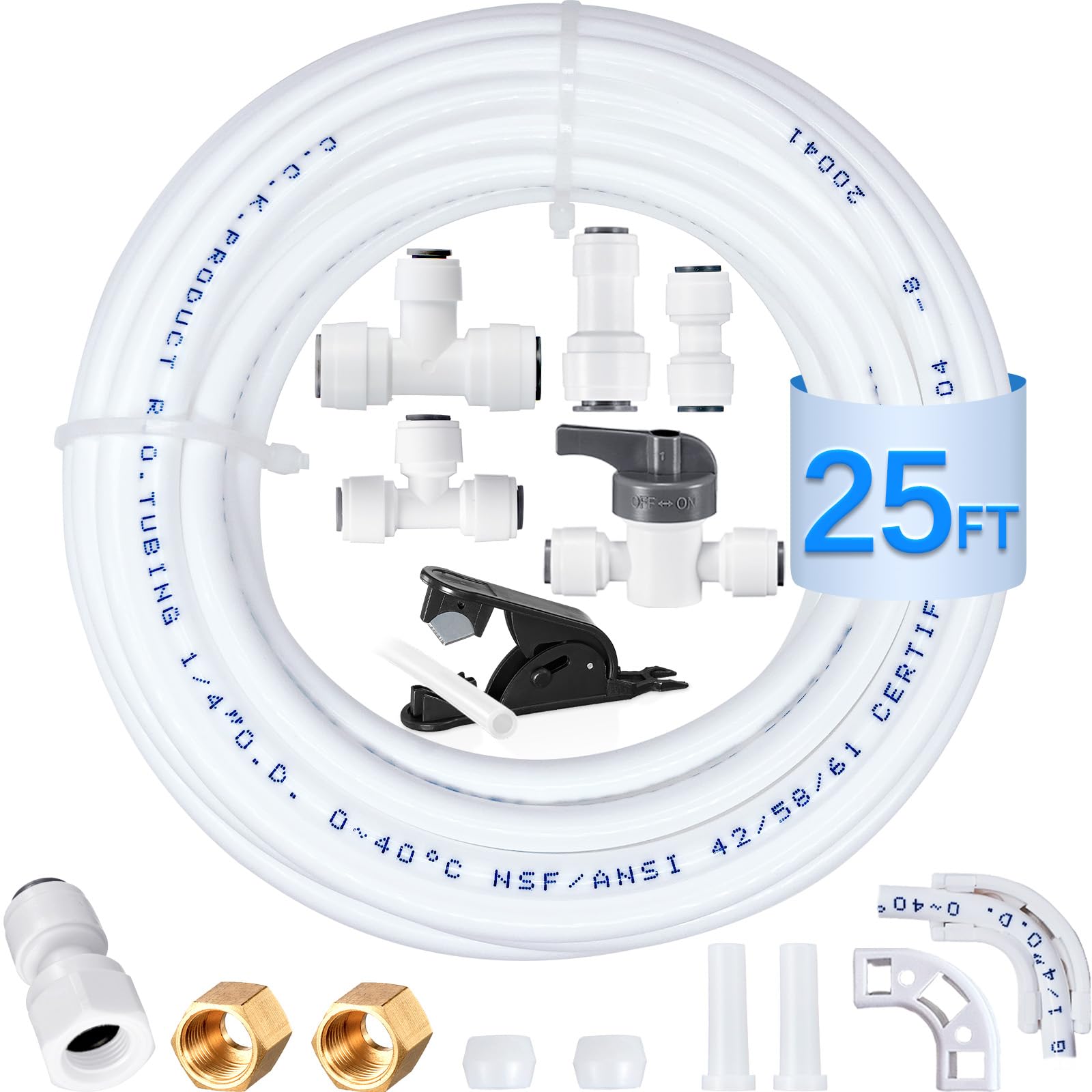 Refrigerator Water Line Kit - Food Grade Ice Maker Installation Kit for Refrigerator, 1/4" O.D. 25ft Water Pipe with Quick Connect Fittings for