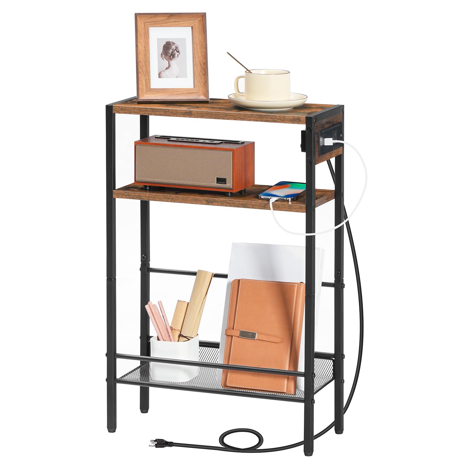 HOOBRO Narrow End Table, Side Table with Charging Station, 3-Tier Nightstand, Bedside Table with Protective Rails, for Small Space, Living Room, Bedroom, Office, Rustic Brown and Black BF102UBZ01