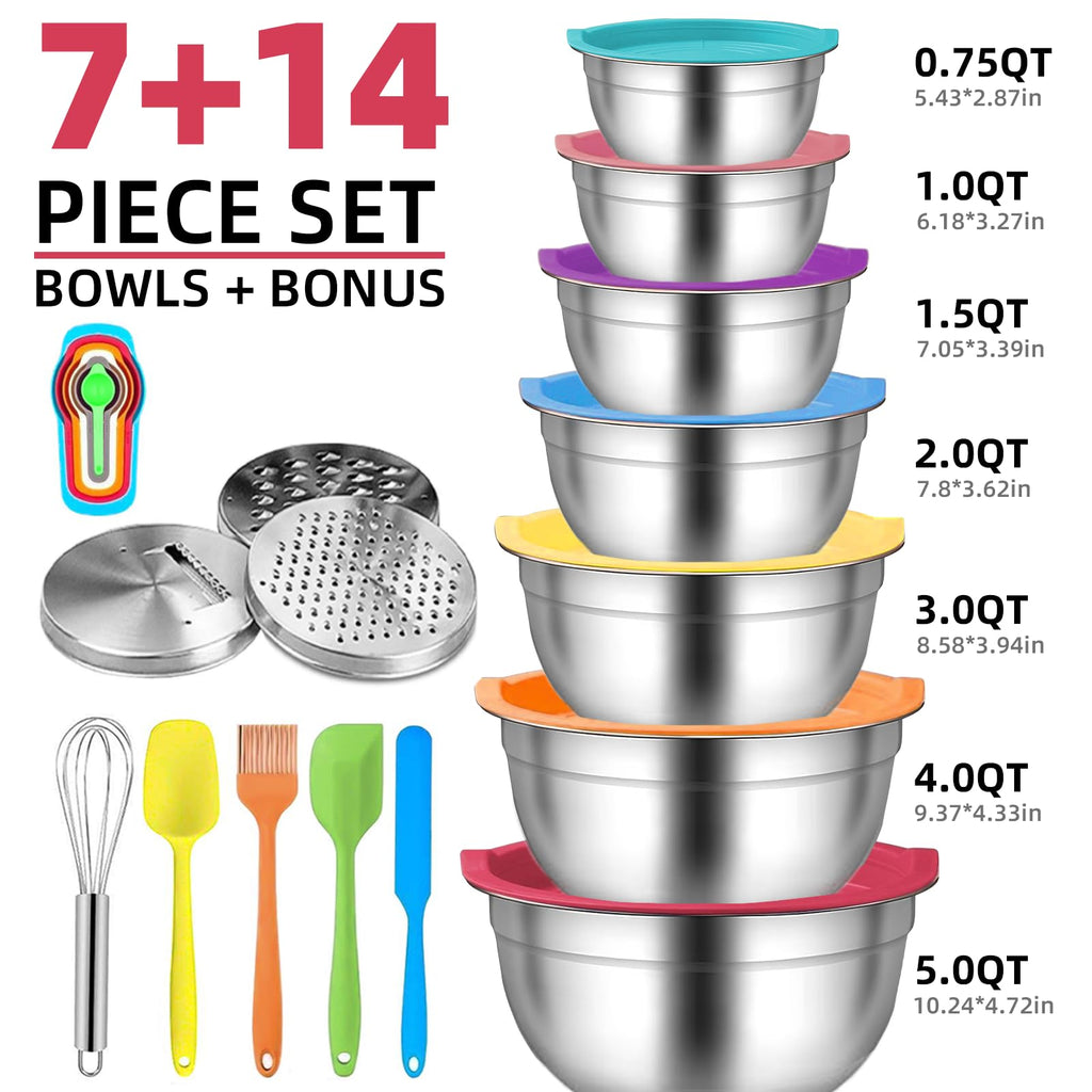Menbyci 7 Pcs Mixing Bowls with Lids, Stainless Steel Nesting Bowls with 14Pcs Attachments, 3 Graters, Kitchen Utensils, Bowl Set for Kitchen Cooking Baking Prepping Serving