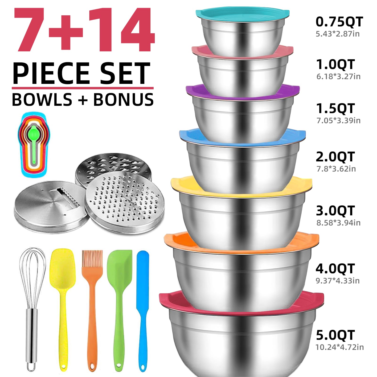 Menbyci 7 Pcs Mixing Bowls with Lids, Stainless Steel Nesting Bowls with 14Pcs Attachments, 3 Graters, Kitchen Utensils, Bowl Set for Kitchen Cooking Baking Prepping Serving