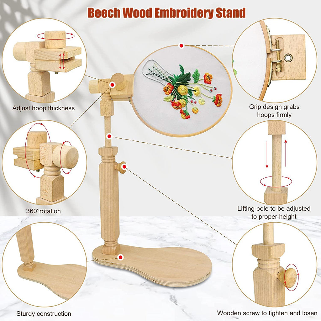 Embroidery Stand, Size Adjustable Embroidery Frame Hoop Stand, Natural Beech Wood Rotated Cross Stitch Stand Stitching Embroidery Hoop Stand Embroidery Hoop Holder for DIY Craft Project