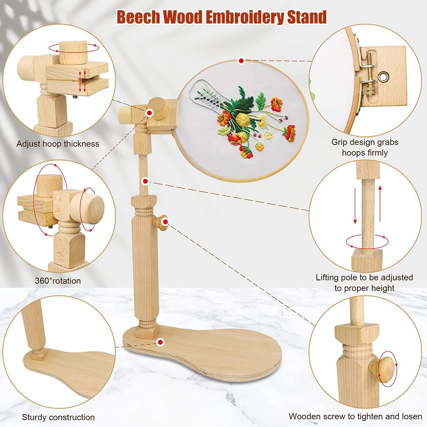 Embroidery Stand, Size Adjustable Embroidery Frame Hoop Stand, Natural Beech Wood Rotated Cross Stitch Stand Stitching Embroidery Hoop Stand Embroidery Hoop Holder for DIY Craft Project