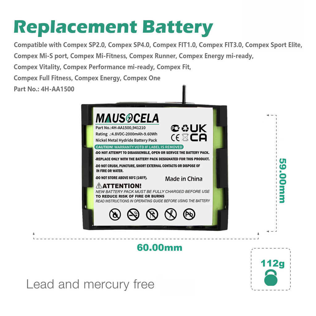 MAUSOCELA 2000mAh Replacement Comp'ex 4H-AA1500 Battery, Compatible with Sport Elite, Voor Fit 1.0, Fit 3.0, SP 2.0, SP 4.0, Elite 2.0, Physio 5, Mi-Theta 600, Theta 500, Rehab 400 Battery