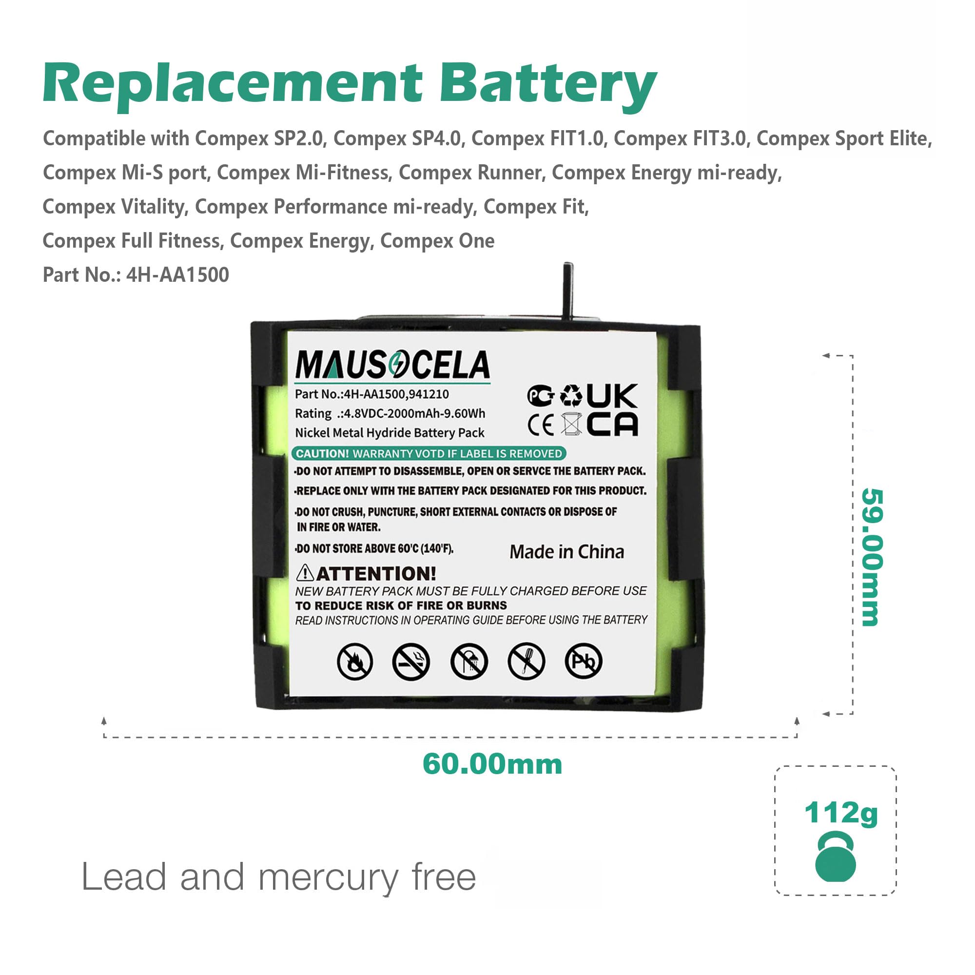 MAUSOCELA 2000mAh Replacement Comp'ex 4H-AA1500 Battery, Compatible with Sport Elite, Voor Fit 1.0, Fit 3.0, SP 2.0, SP 4.0, Elite 2.0, Physio 5, Mi-Theta 600, Theta 500, Rehab 400 Battery