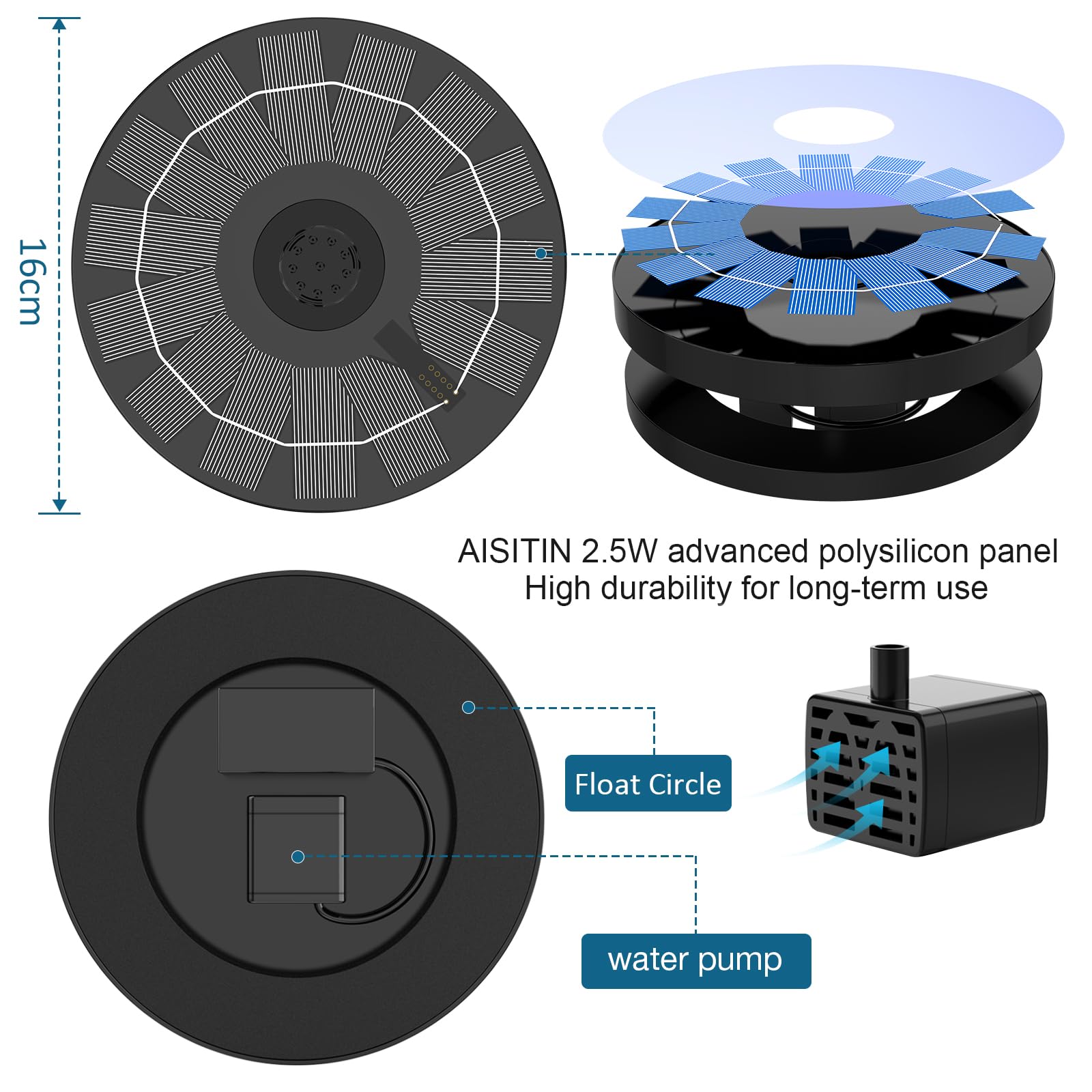 AMZtime 2.5W Solar Bird Bath Fountain Pump, Solar Fountain with 6 Nozzles 4 Fixed Pipes, Solar Water Fountain Pump for Garden, Ponds, Pool, Fish Tank, Aquarium and Outdoor
